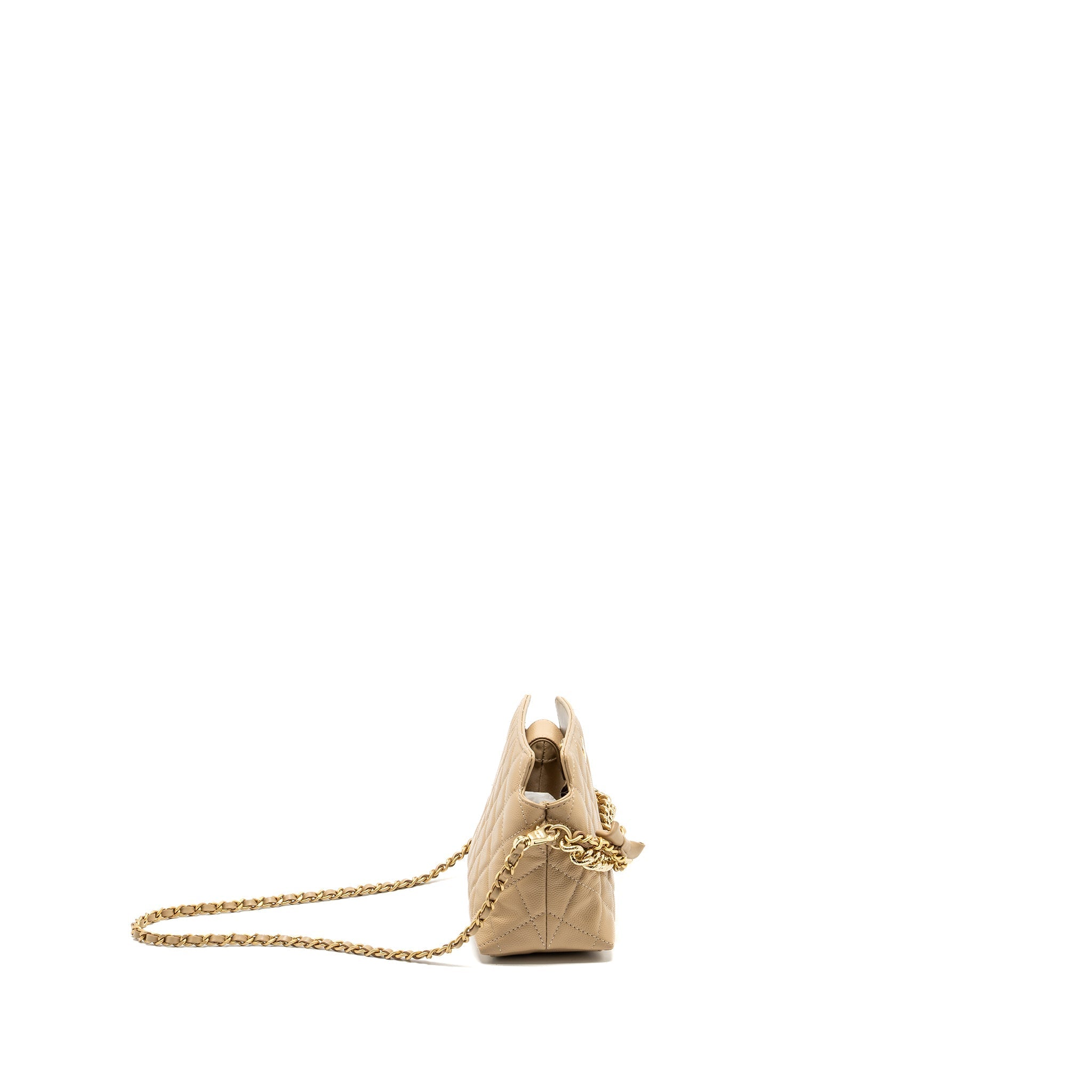 CHANEL CC LOGO QUILTED MINI CLUTCH WITH CHAIN CAVIAR BEIGE GHW (MICROCHIP)