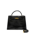 HERMES KELLY 32 SHINY CROCODILE POROSUS BLACK GHW