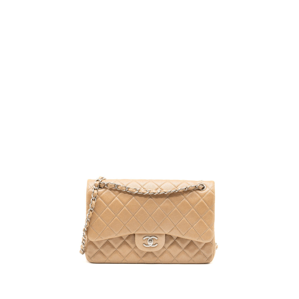 CHANEL CLASSIC JUMBO DOUBLE FLAP BAG CAVIAR IRIDESCENT BEIGE BRUSHED SHW