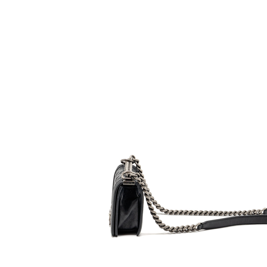 CHANEL SMALL BOY BAG ARABESQUE CALFSKIN BLACK RUTHENIUM SHW