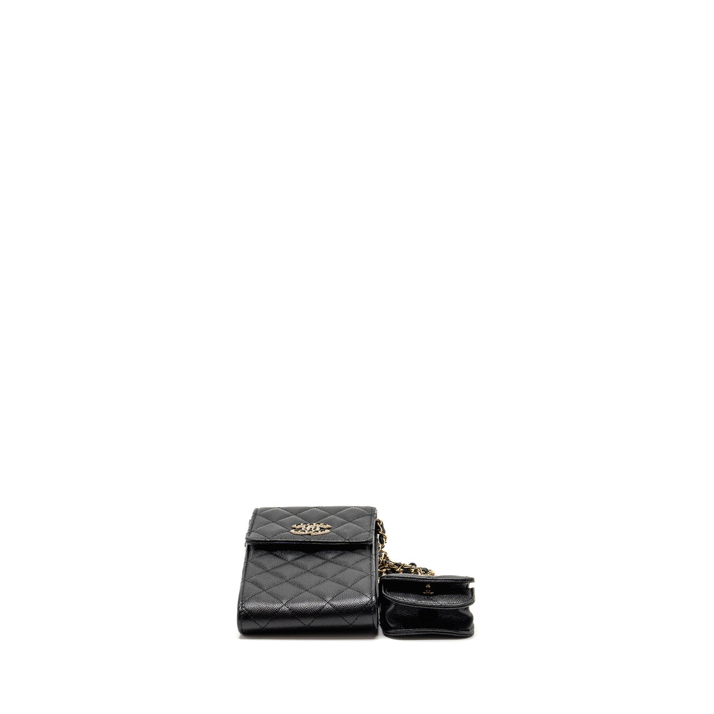 CHANEL CLASSIC PHONE CLUTCH WITH POUCH ON CHAIN CAVIAR BLACK LGHW