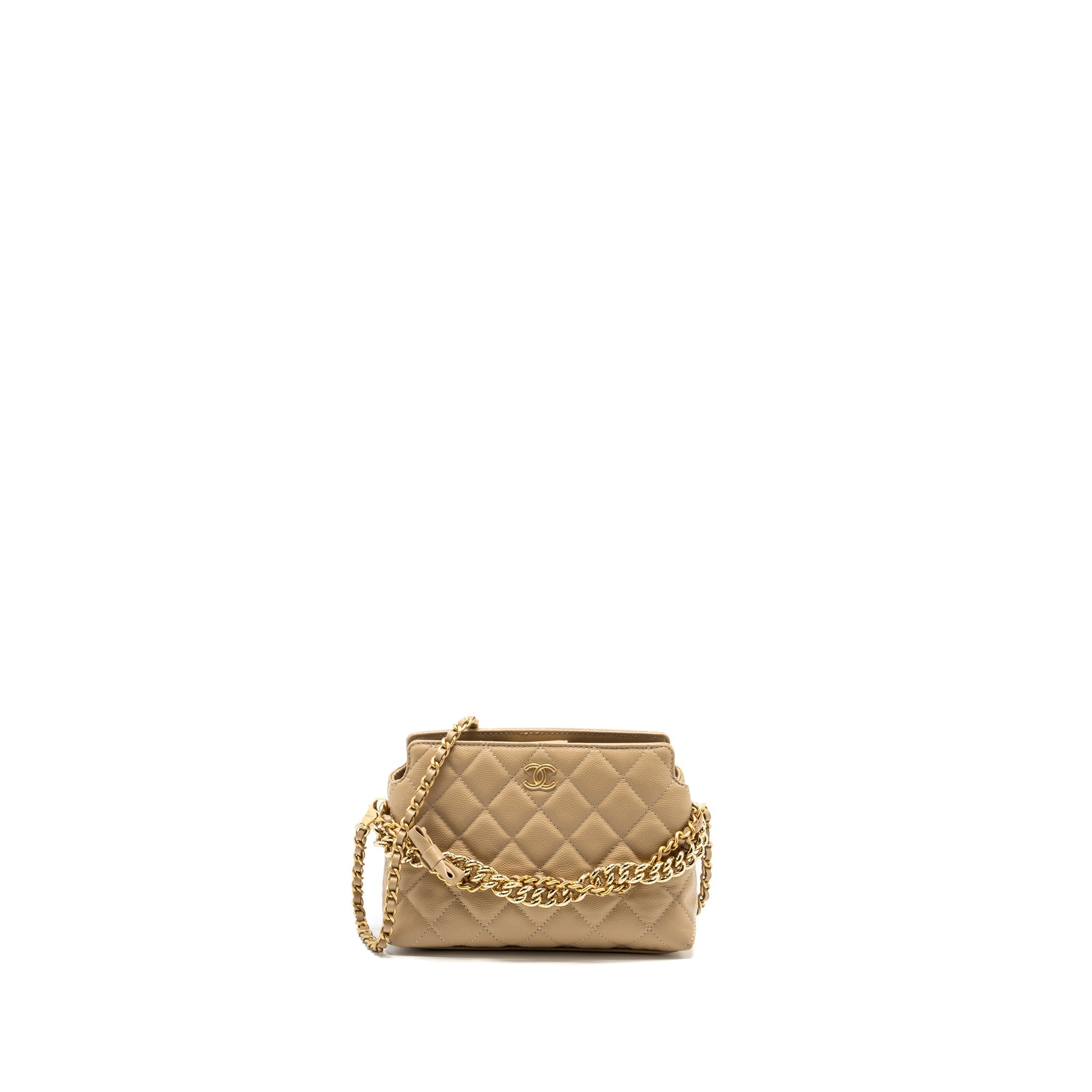 CHANEL CC LOGO QUILTED MINI CLUTCH WITH CHAIN CAVIAR BEIGE GHW (MICROCHIP)