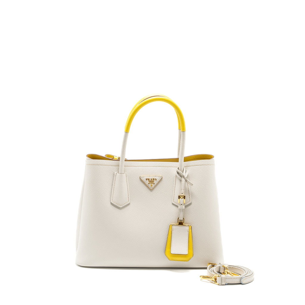 PRADA SMALL SAFFIANO CUIR TOTE BAG CALFSKIN WHITE/YELLOW GHW