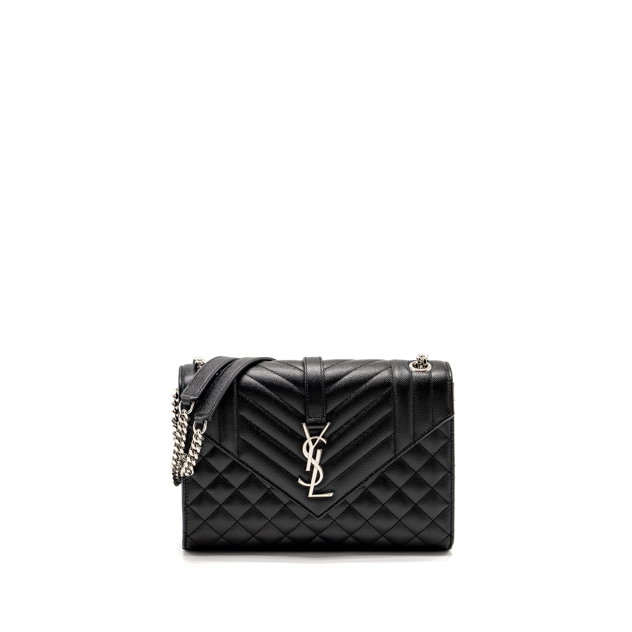 SAINT LAURENT/YSL MEDIUM ENVELOPE CHAIN BAG GRAINED CALFSKIN MIX MATELASSE BLACK SHW
