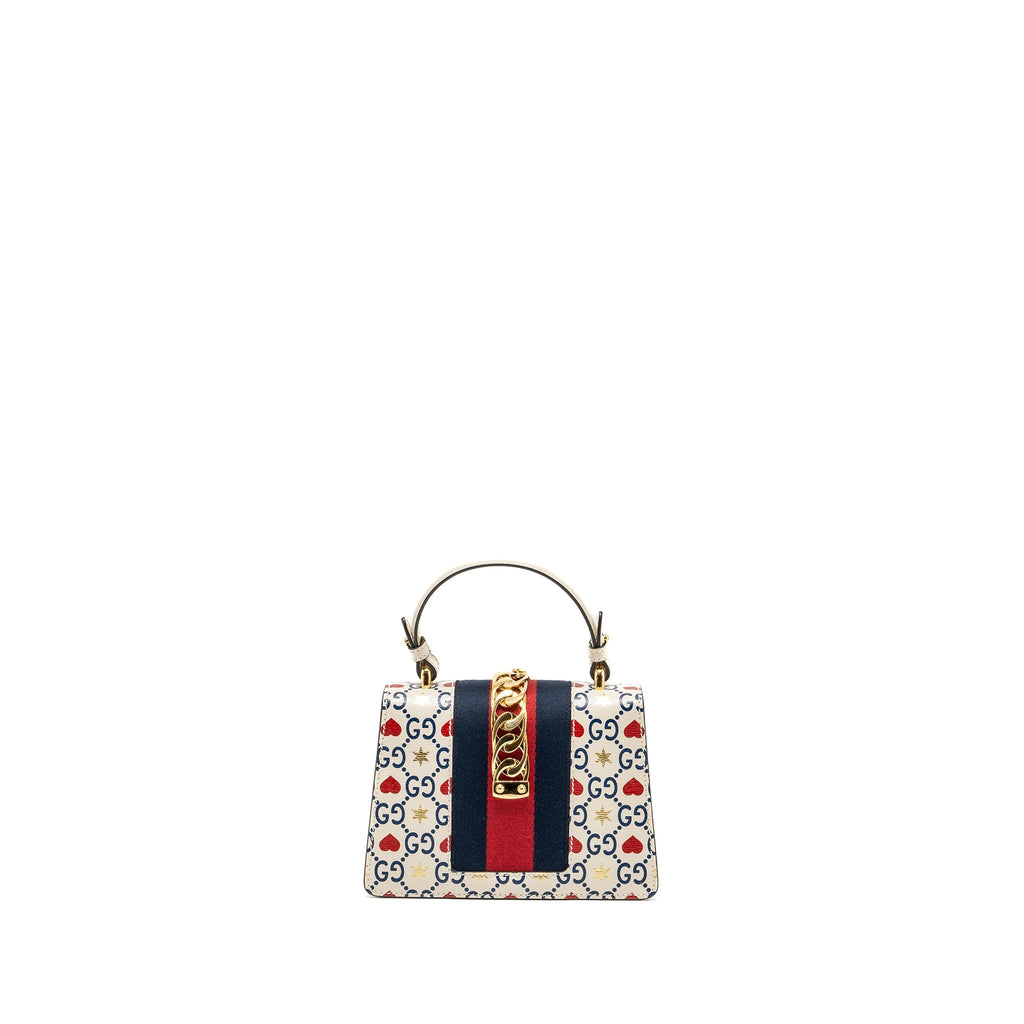 GUCCI MINI TOP HANDLE SYLVIE TOTE BAG WITH HEART PRINT LIMITED WHITE MULTICOLOR GHW