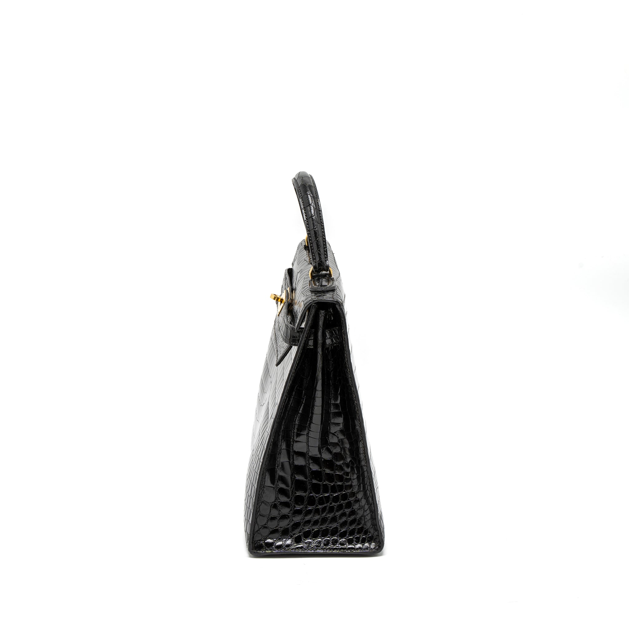 HERMES KELLY 32 SHINY CROCODILE POROSUS BLACK GHW