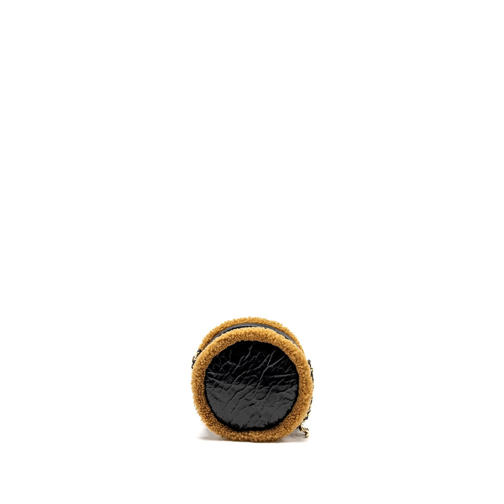 CHANEL SHEARLING CC ROUND CLUTCH WITH CHAIN SHINY CRUMPLED SHEEPSKIN BLACK/LIGHT BROWN LGHW
