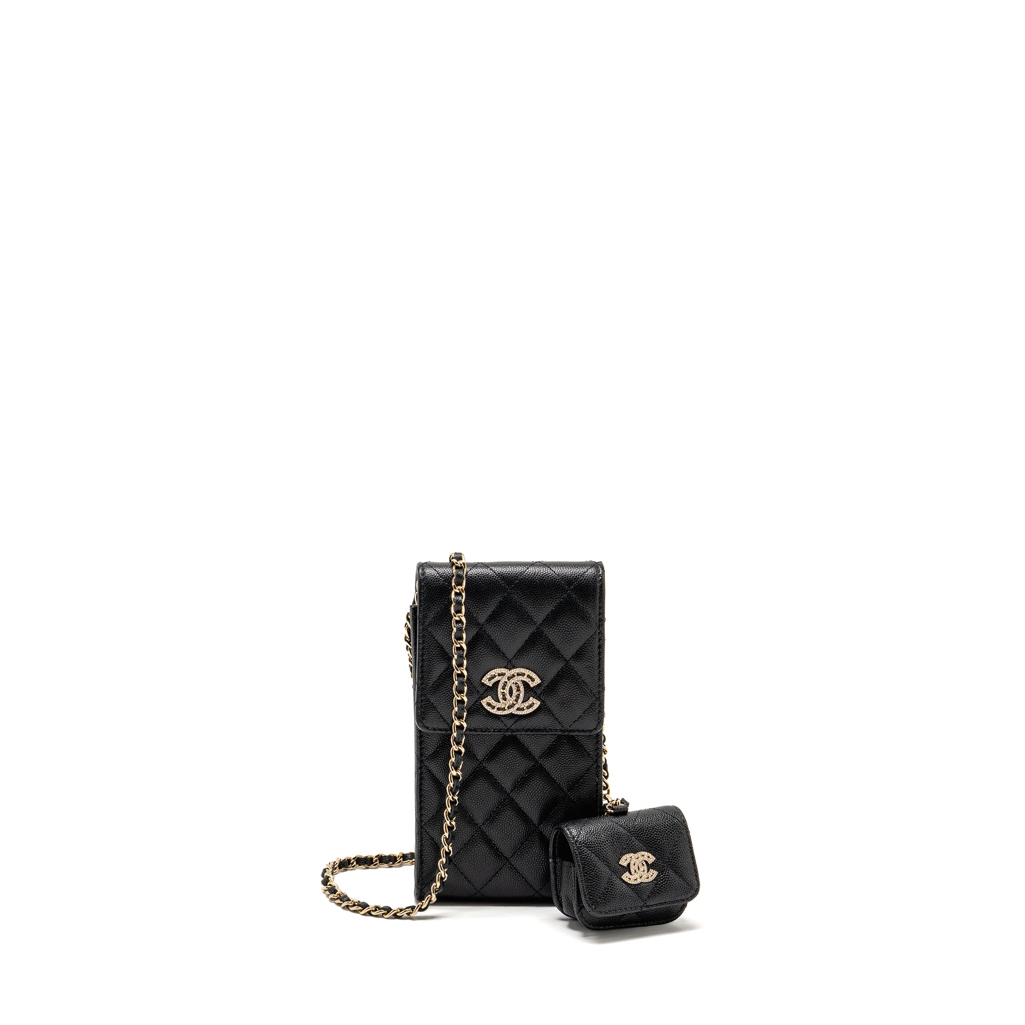 CHANEL CLASSIC PHONE CLUTCH WITH POUCH ON CHAIN CAVIAR BLACK LGHW