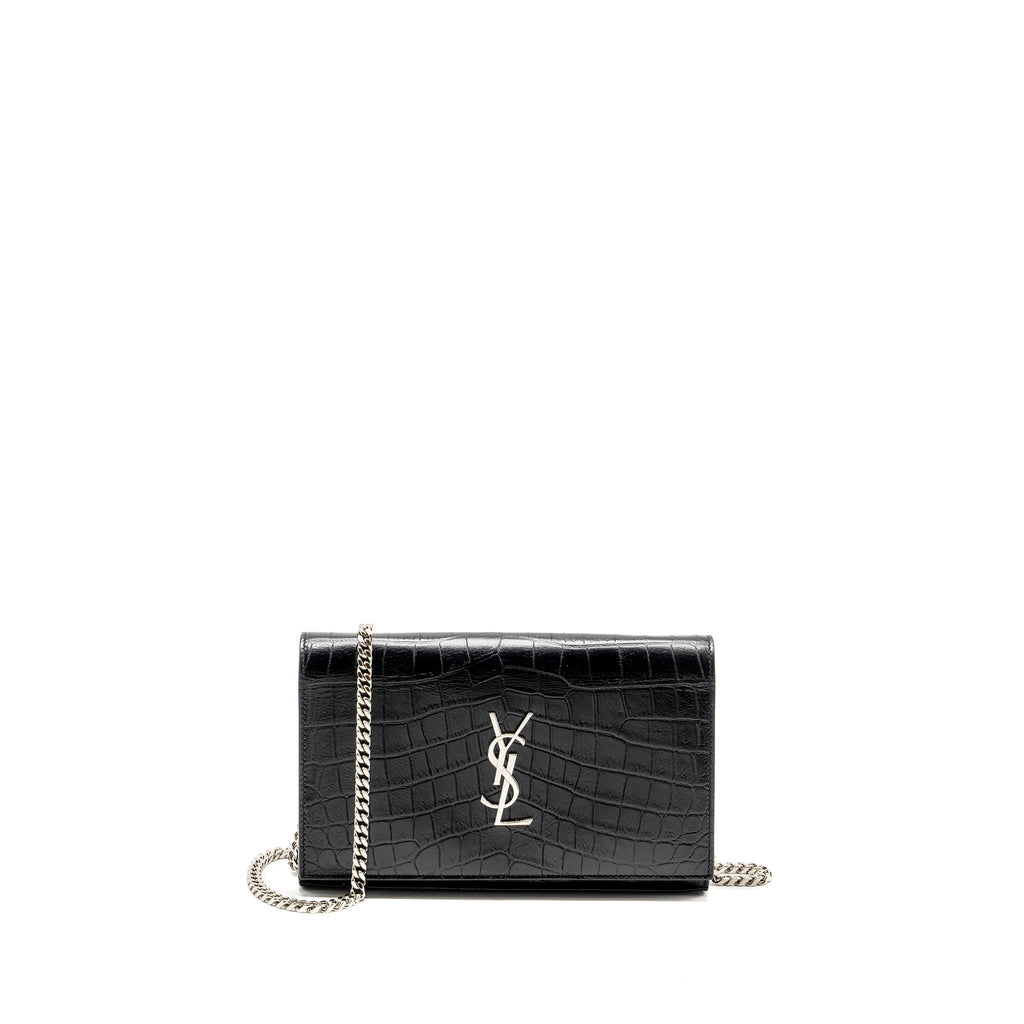 SAINT LAURENT / YSL CLASSIC CHAIN WALLET CROC-EMBOSSED CALFSKIN BLACK SHW