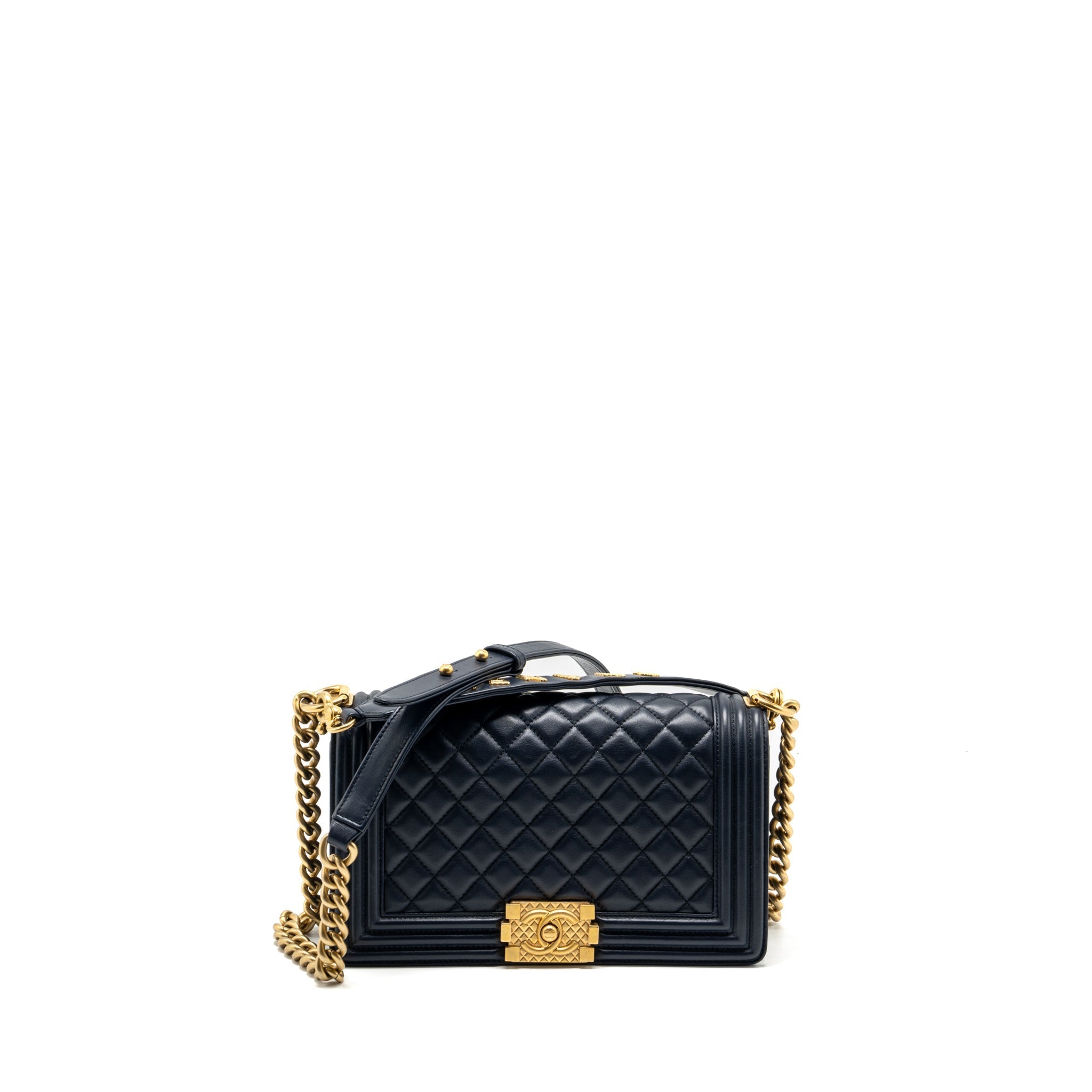 CHANEL 20B MEDIUM BOY BAG WITH TOP HANDLE CALFSKIN NAVY GHW