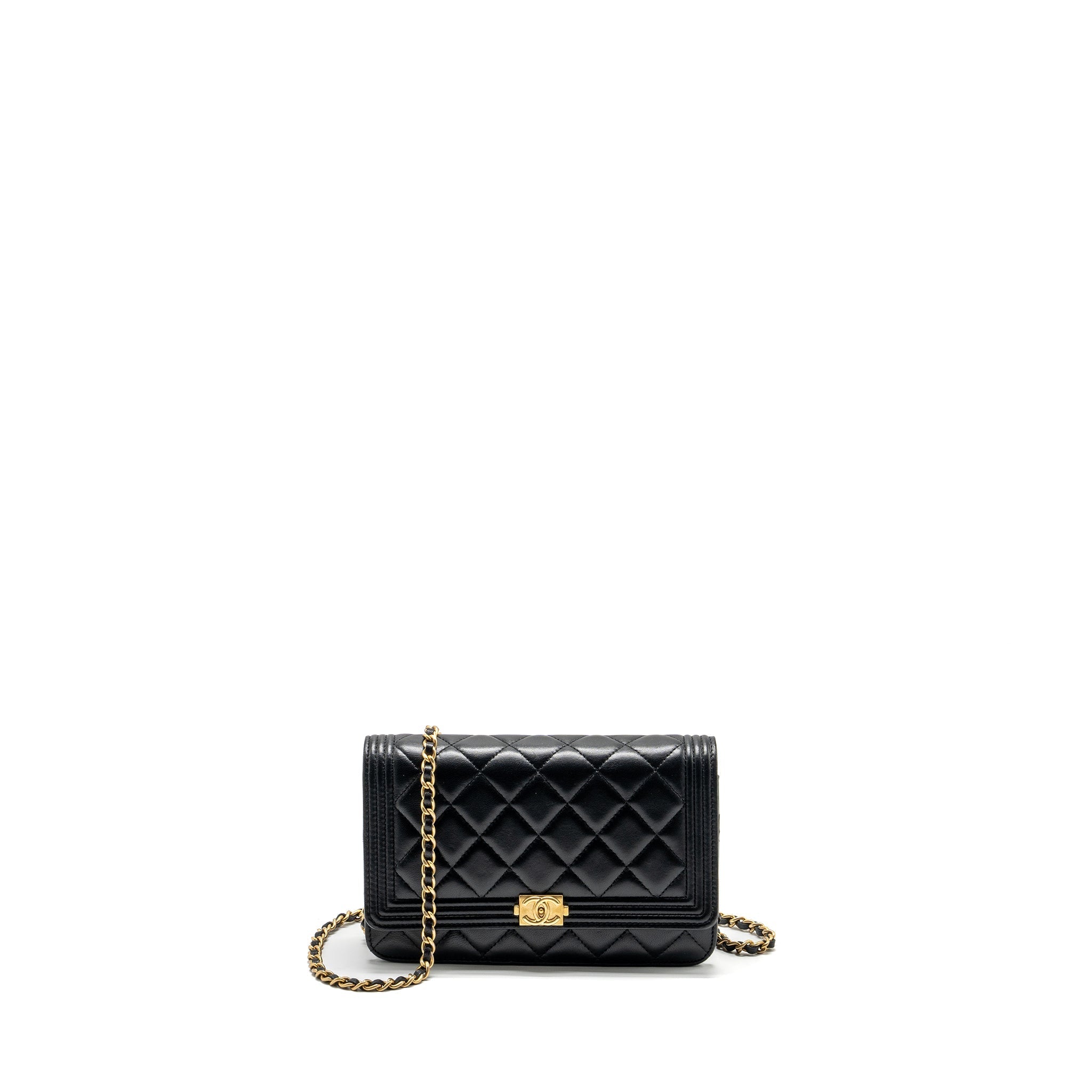 CHANEL BOY WALLET ON CHAIN LAMBSKIN BLACK GHW