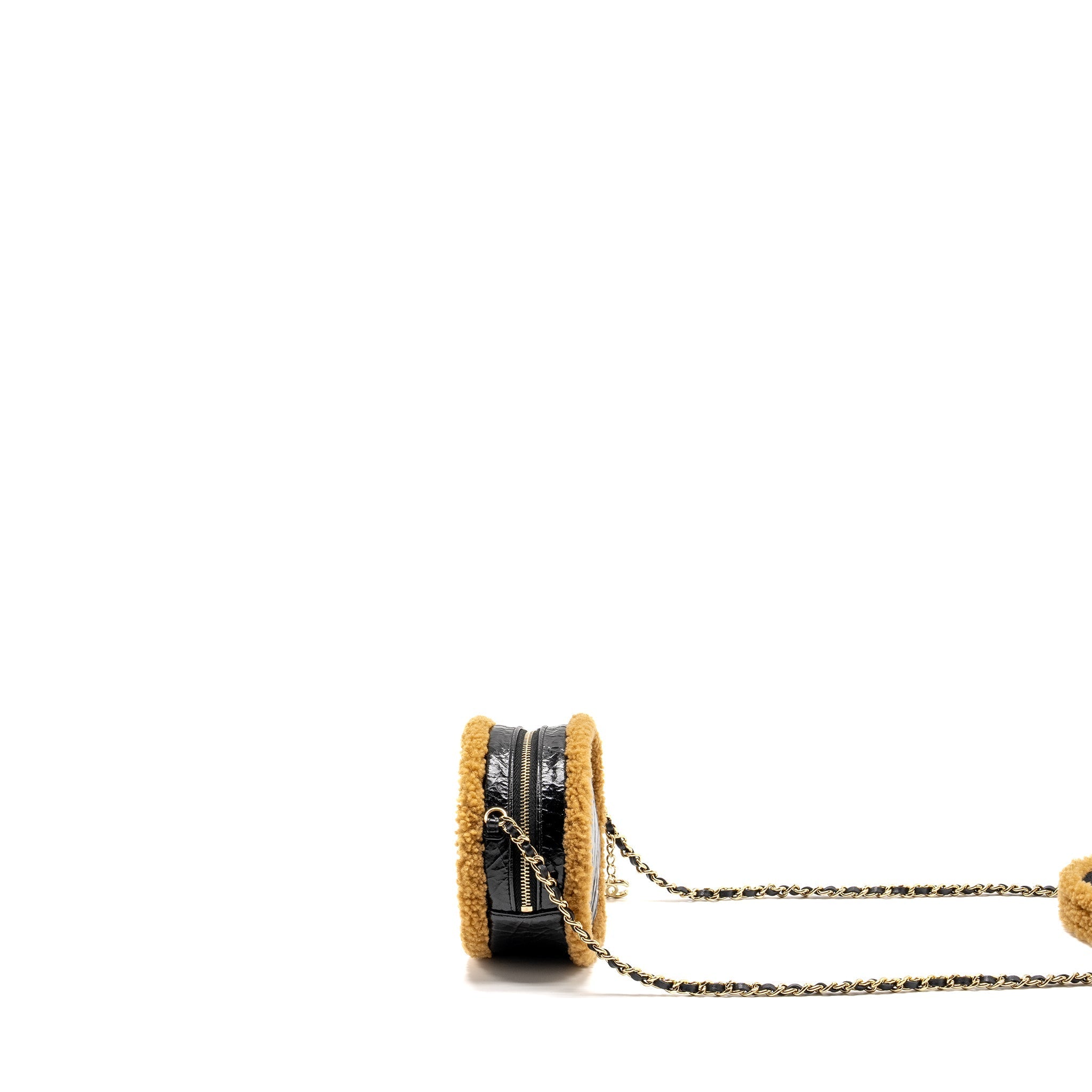 CHANEL SHEARLING CC ROUND CLUTCH WITH CHAIN SHINY CRUMPLED SHEEPSKIN BLACK/LIGHT BROWN LGHW
