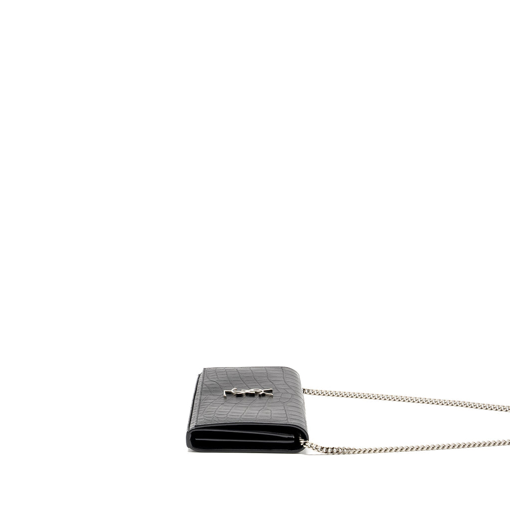 SAINT LAURENT / YSL CLASSIC CHAIN WALLET CROC-EMBOSSED CALFSKIN BLACK SHW