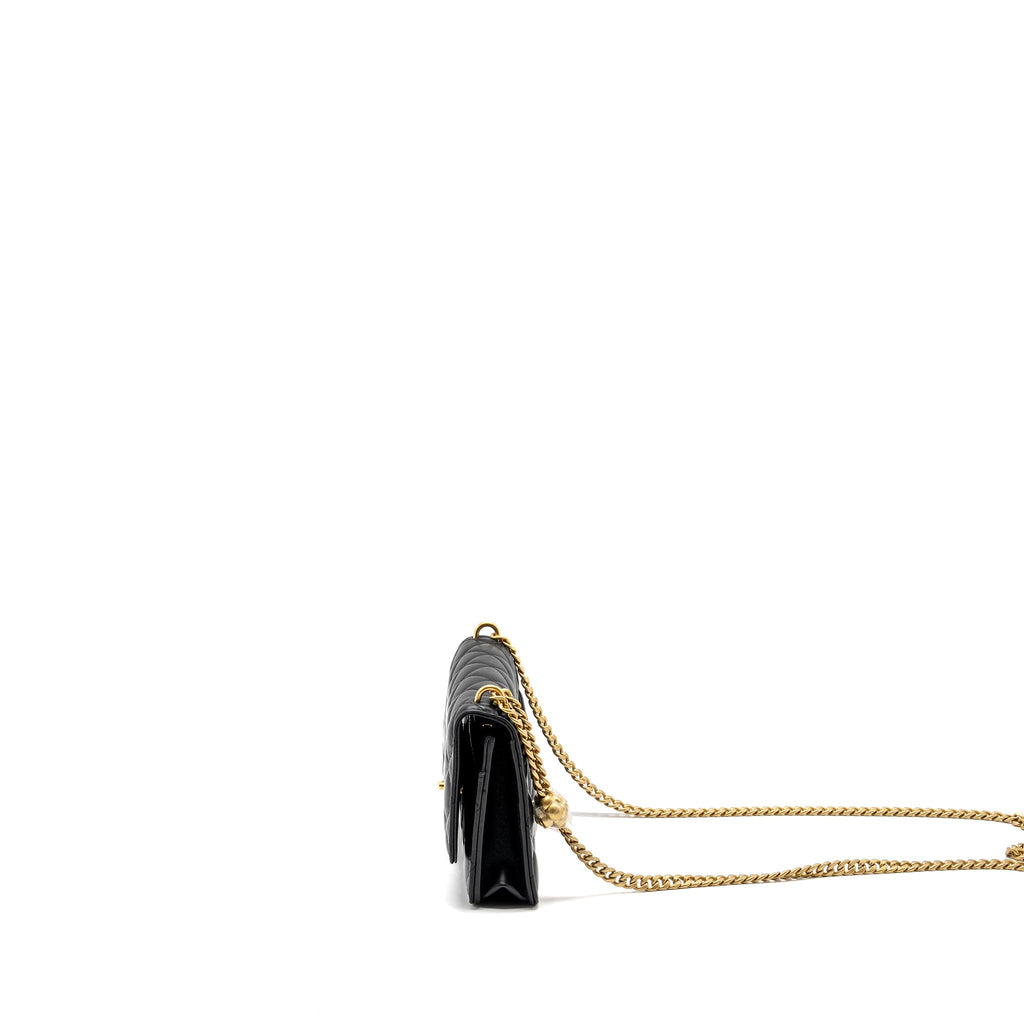 CHANEL CLASSIC WALLET ON CHAIN WITH CAMELLIA ADJUSTABLE CHAIN LAMBSKIN BLACK GHW (MICROCHIP)