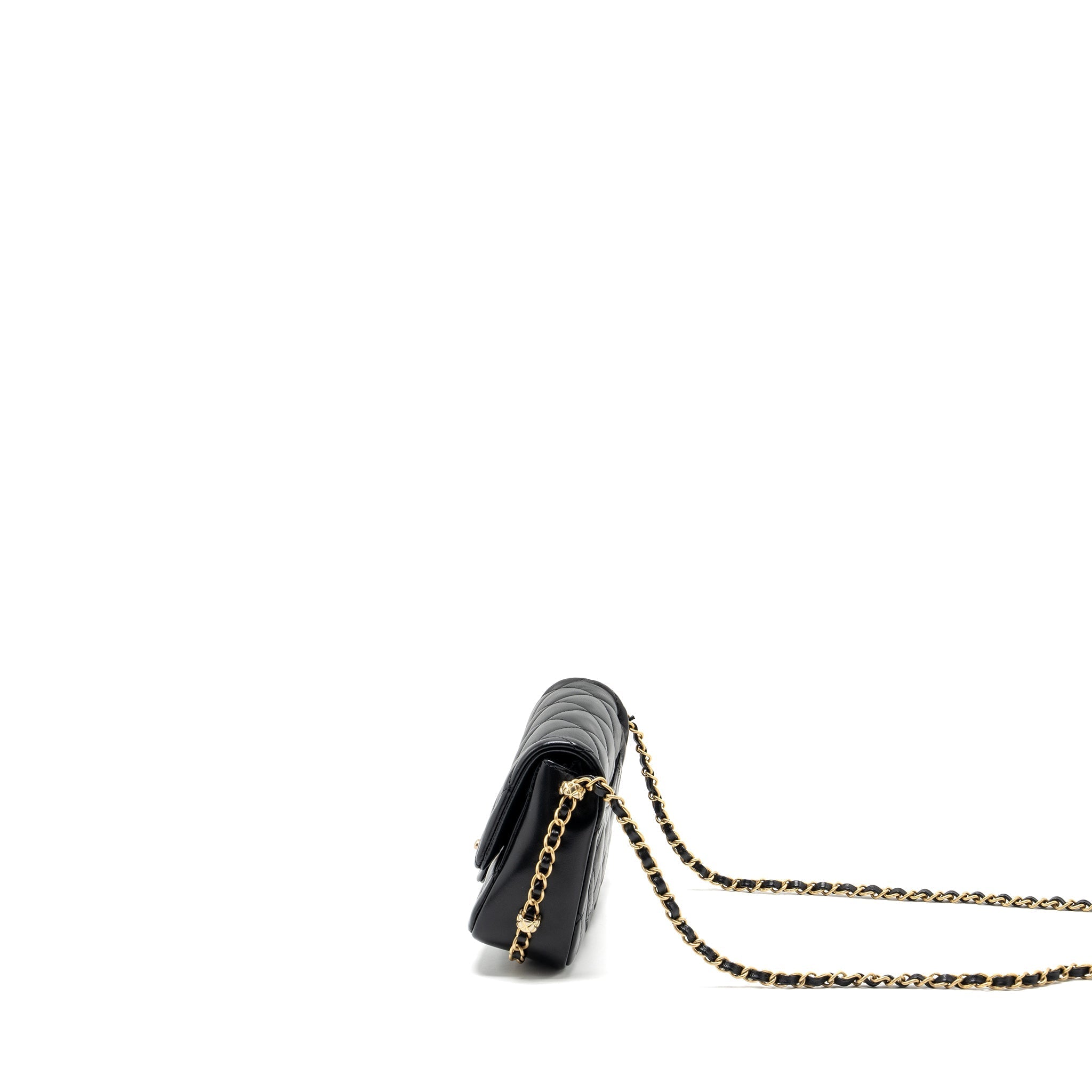 CHANEL QUILTED FLAP BAG WITH DETAILED LOGO AND CHAIN LAMBSKIN BLACK GHW (MICROCHIP)