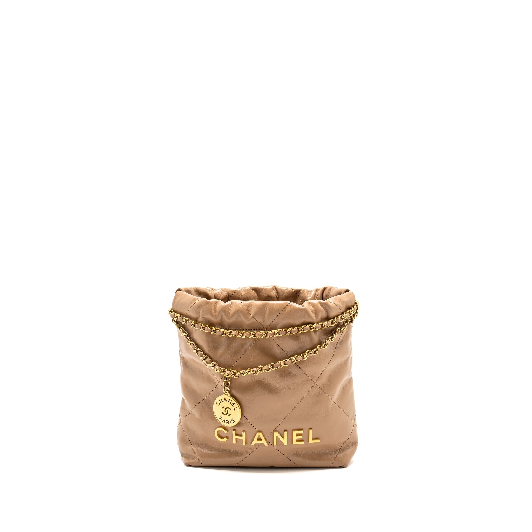 CHANEL MINI 22 BAG CALFSKIN DARK BEIGE GHW (MICROCHIP)