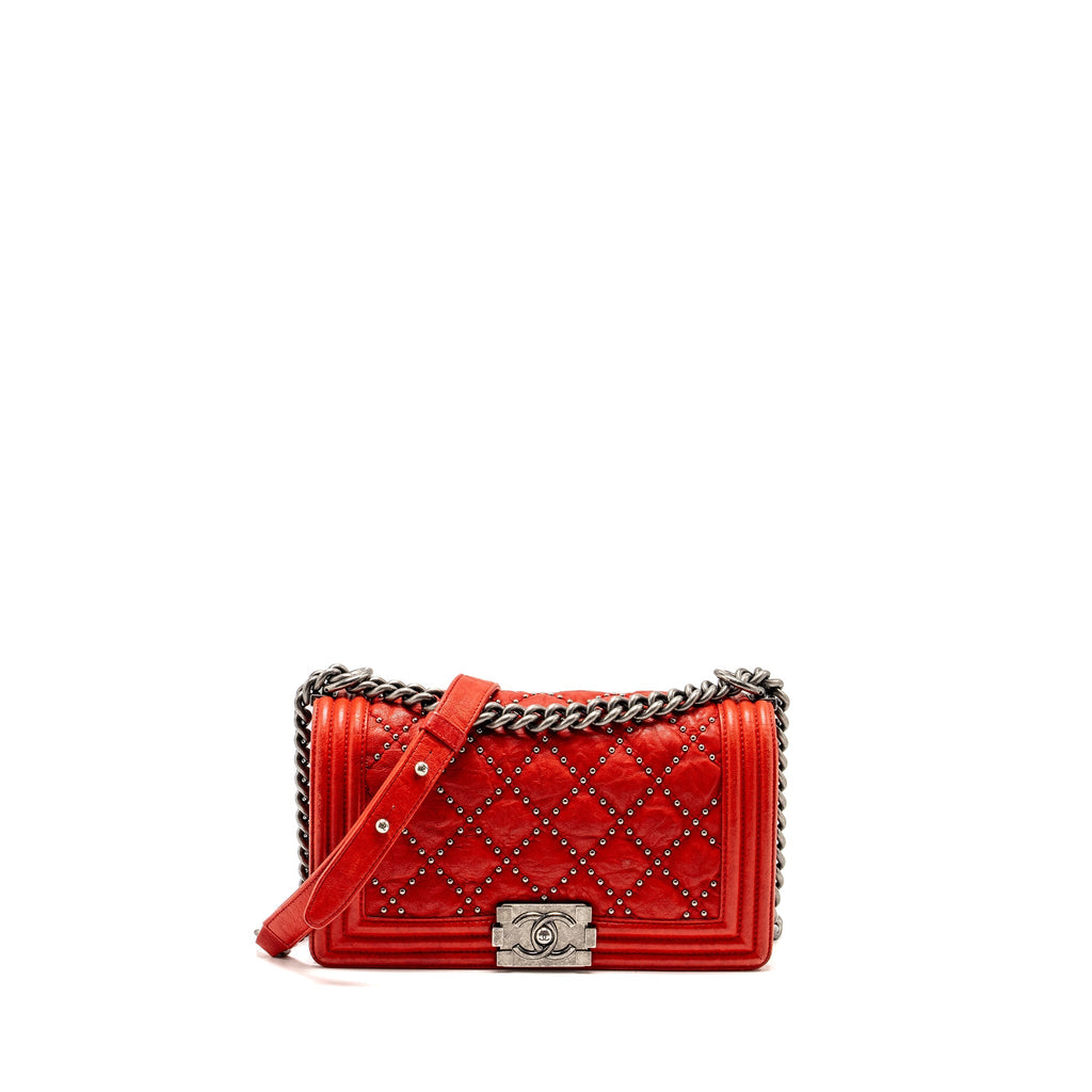 CHANEL MEDIUM BOY BAG LAMBSKIN RED RUTHENIUM SHW