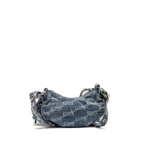 BALENCIAGA LE CAGOLE XS SHOULDER BAG BB MONOGRAM DENIM LIGHT BLUE SHW