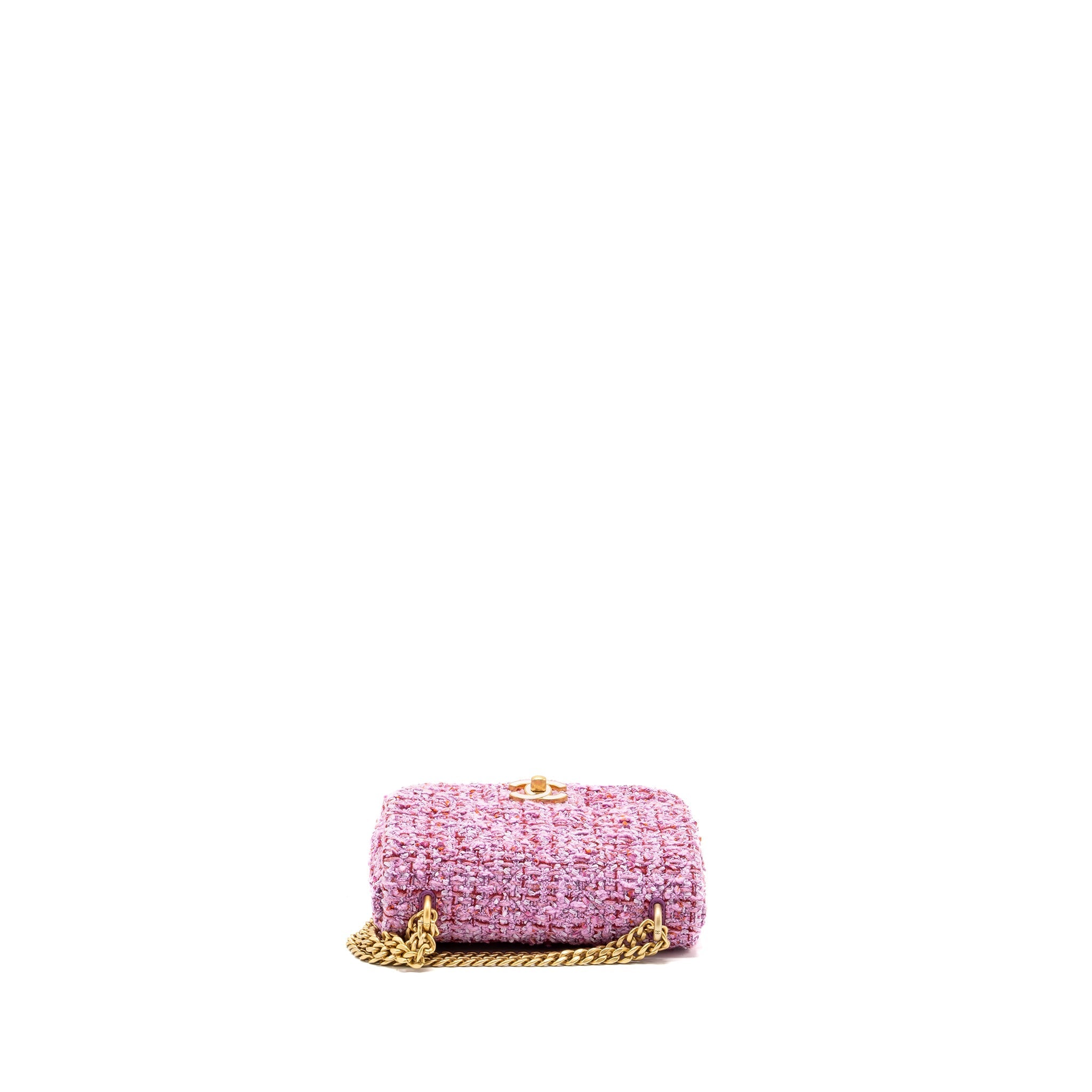 CHANEL 22P MINI SQUARE FLAP BAG TWEED PINK GHW (MICROCHIP)