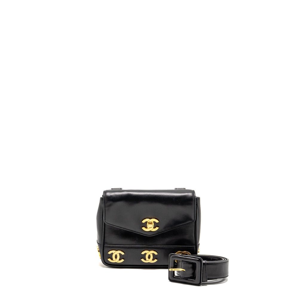 CHANEL VINTAGE CC LOGO FLAP BELT BAG SMOOTH CALFSKIN BLACK GHW