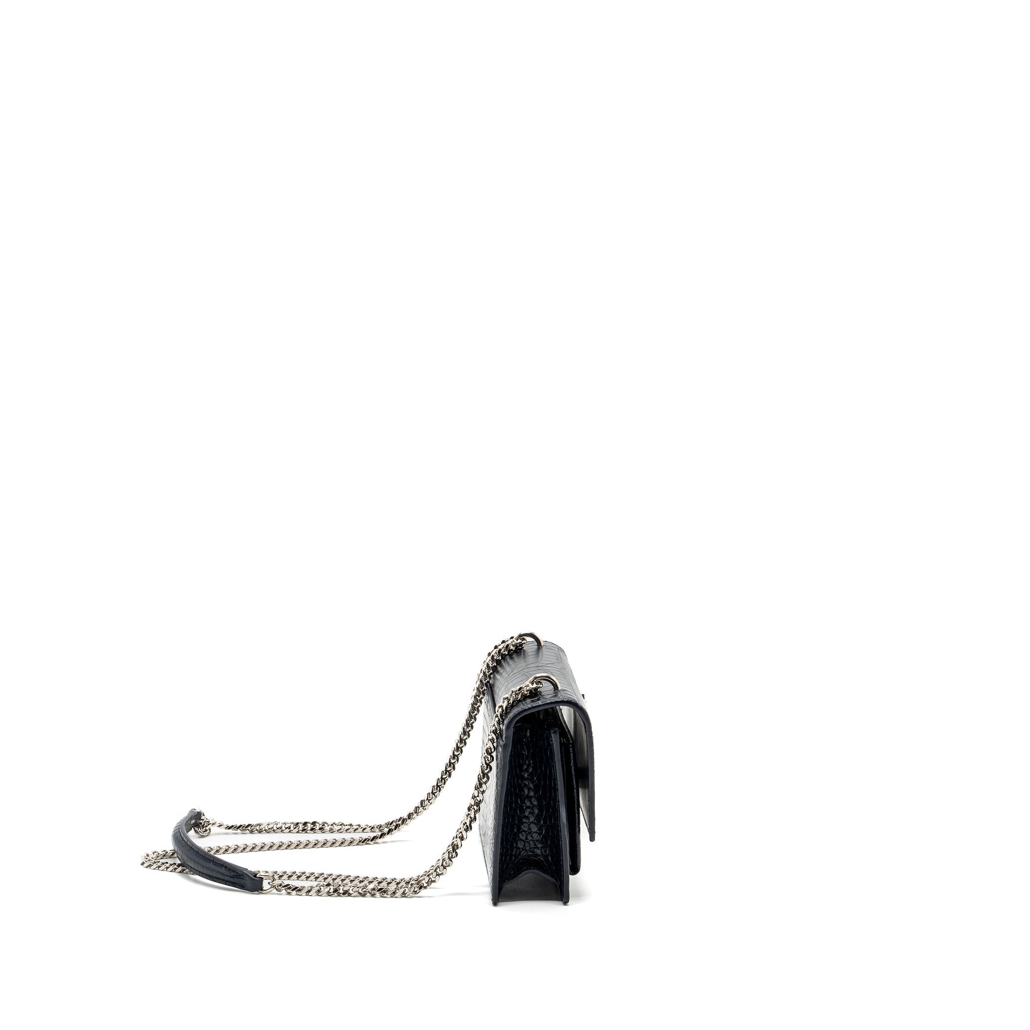 SAINT LAURENT/YSL MINI SUNSET BAG CROCODILE-EMBOSSED CALFSKIN NAVY SHW