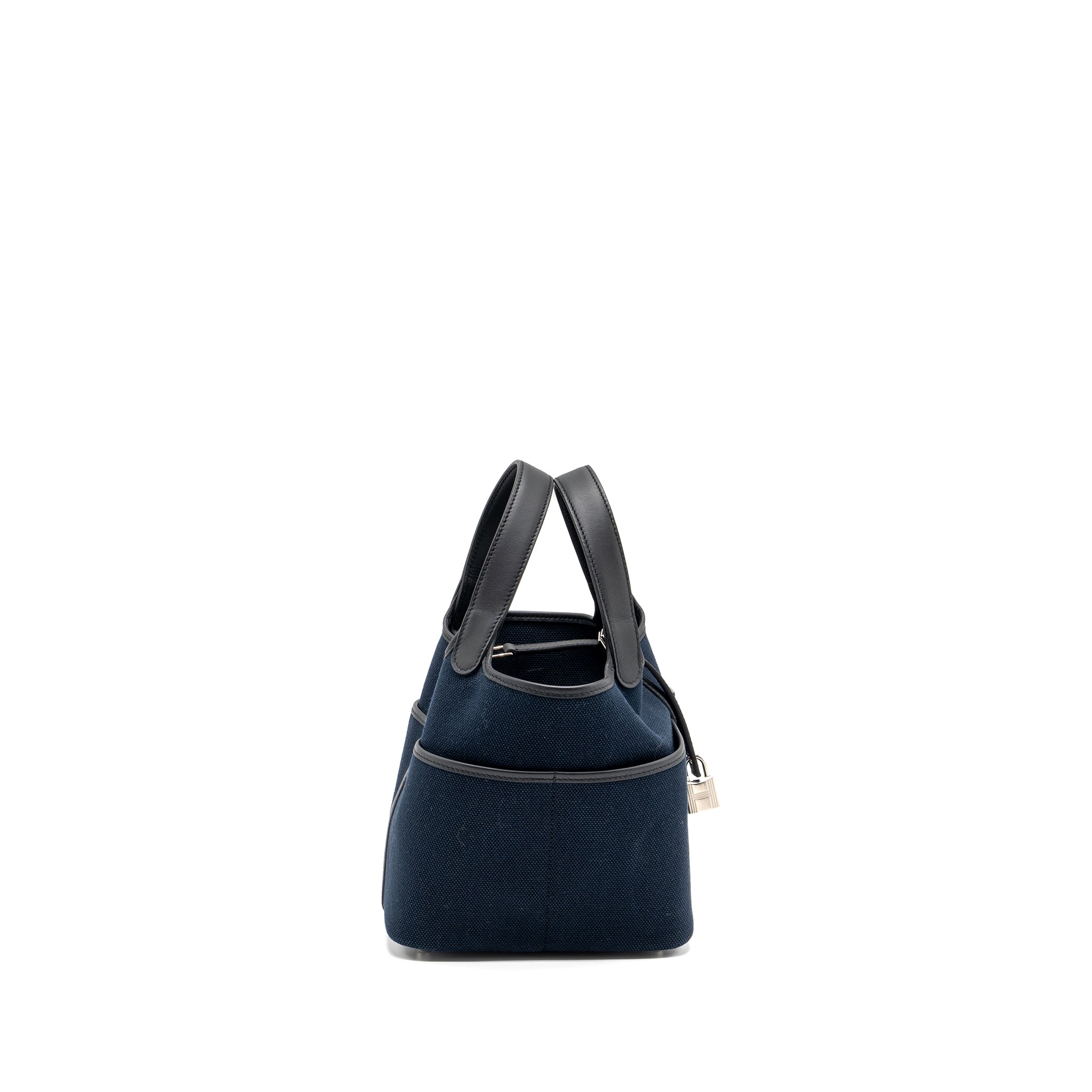 HERMES PICOTIN CARGO 18 LOCK BAG CANVAS/ SWIFT LEATHER BLUE MARINE / BLACK SHW