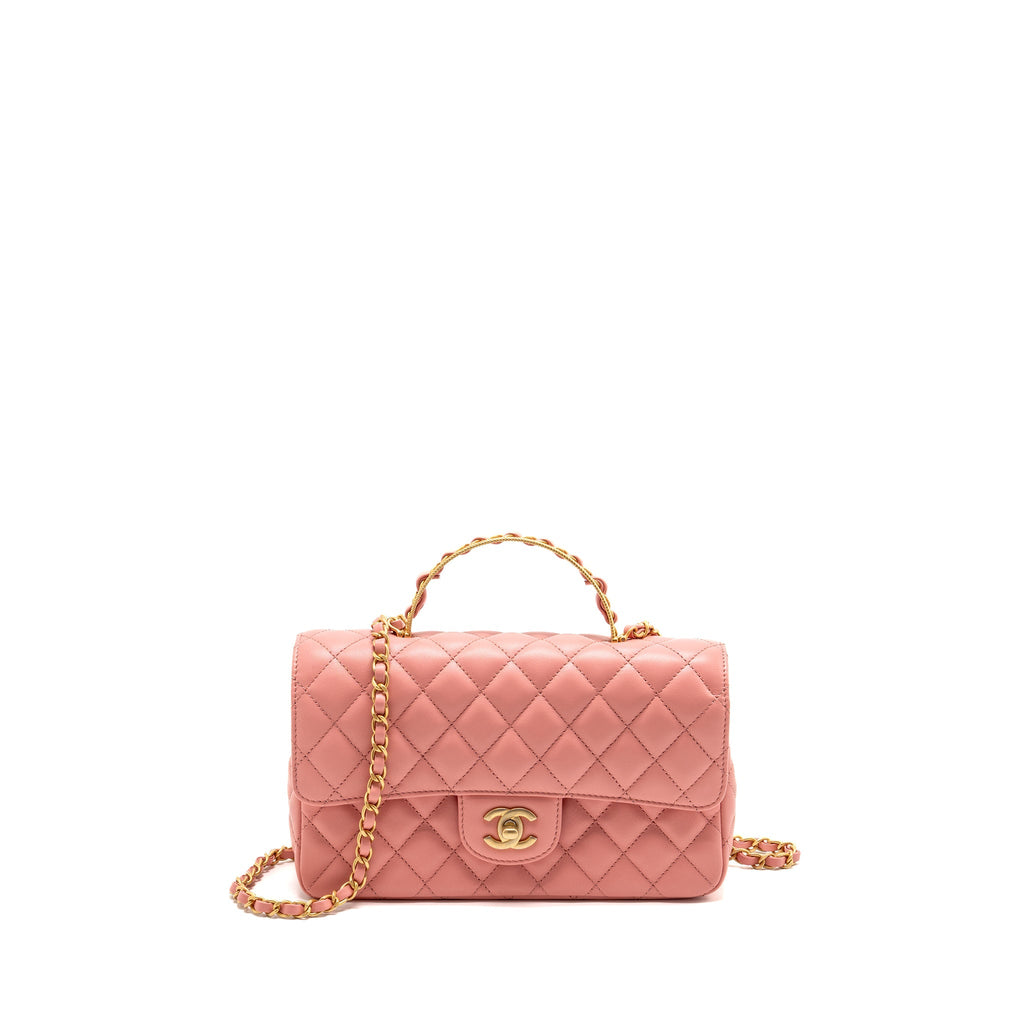 CHANEL 23K DETAIL TOP HANDLE FLAP BAG LAMBSKIN PINK GHW (MICROCHIP)