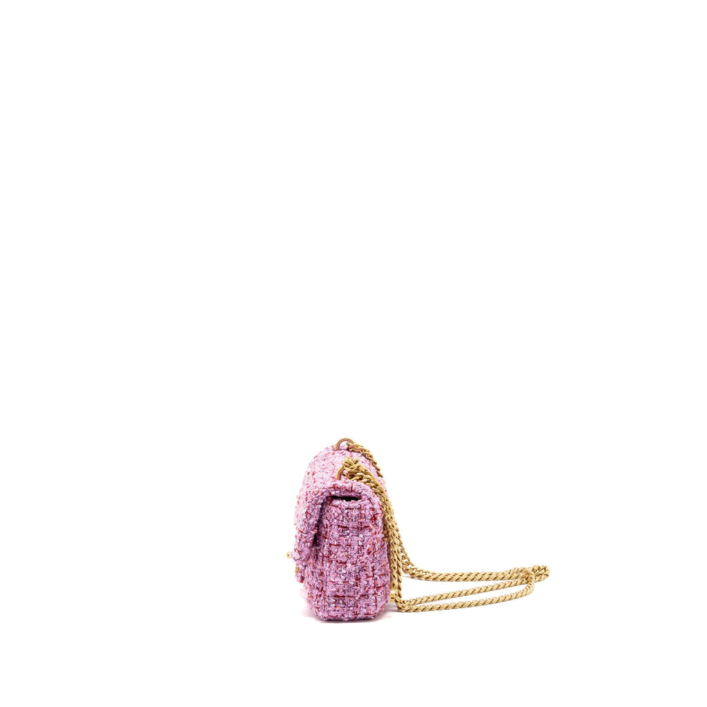 CHANEL 22P MINI SQUARE FLAP BAG TWEED PINK GHW (MICROCHIP)