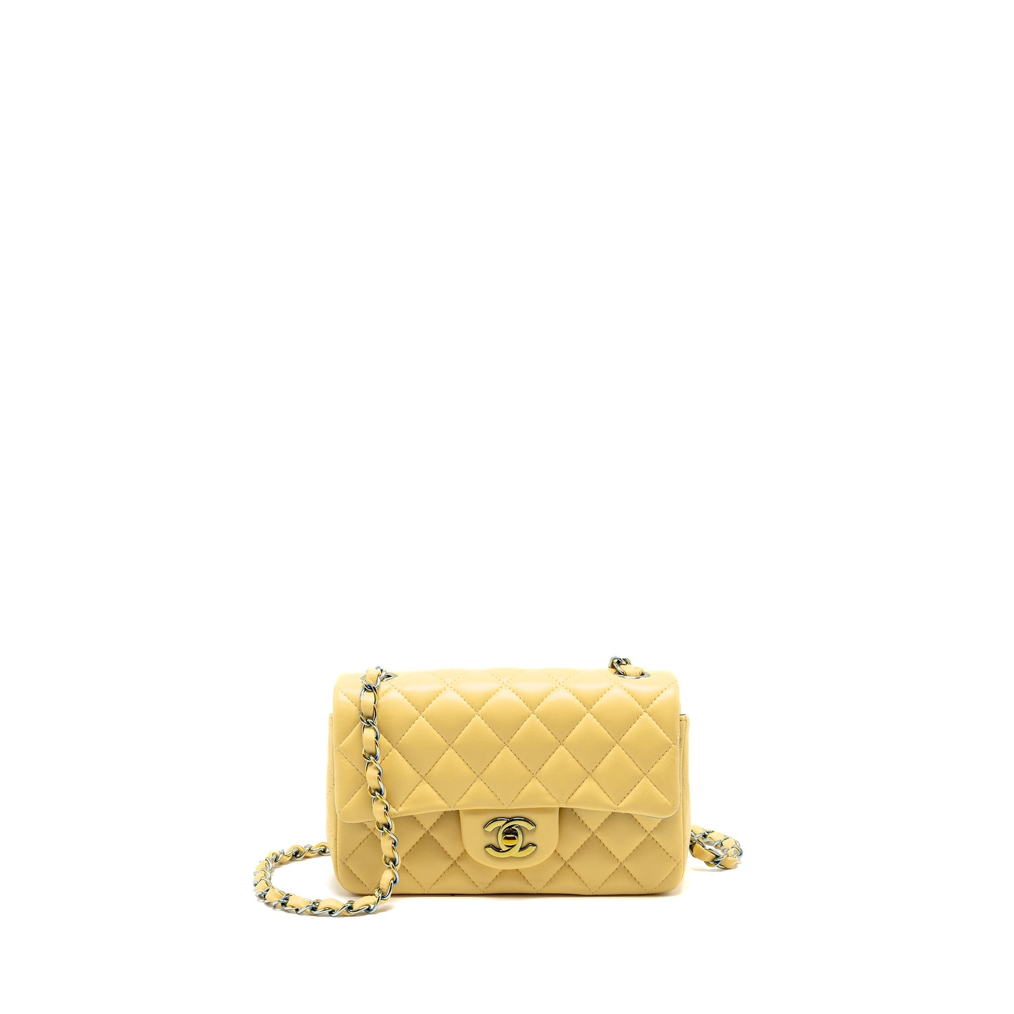 CHANEL MINI RECTANGULAR FLAP BAG LAMBSKIN YELLLOW/BLUE WITH IRIDESCENT BLUE HARDWARE
