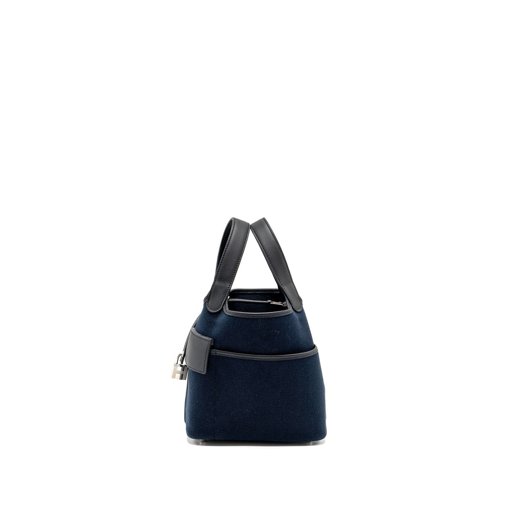 HERMES PICOTIN CARGO 18 LOCK BAG CANVAS/ SWIFT LEATHER BLUE MARINE / BLACK SHW
