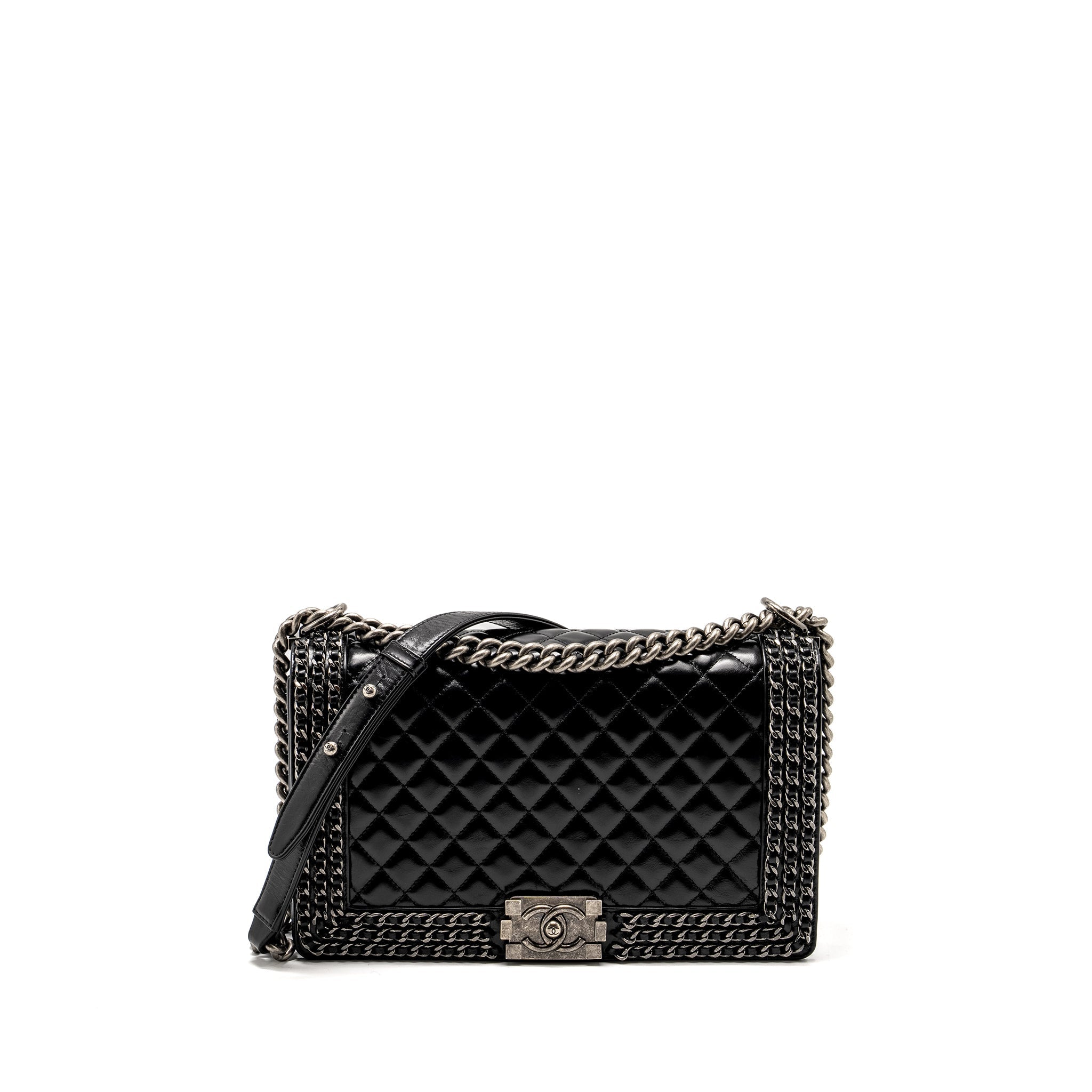 CHANEL NEW MEDIUM CHAIN EDGE BOY BAG CALFSKIN BLACK RUTHENIUM SHW