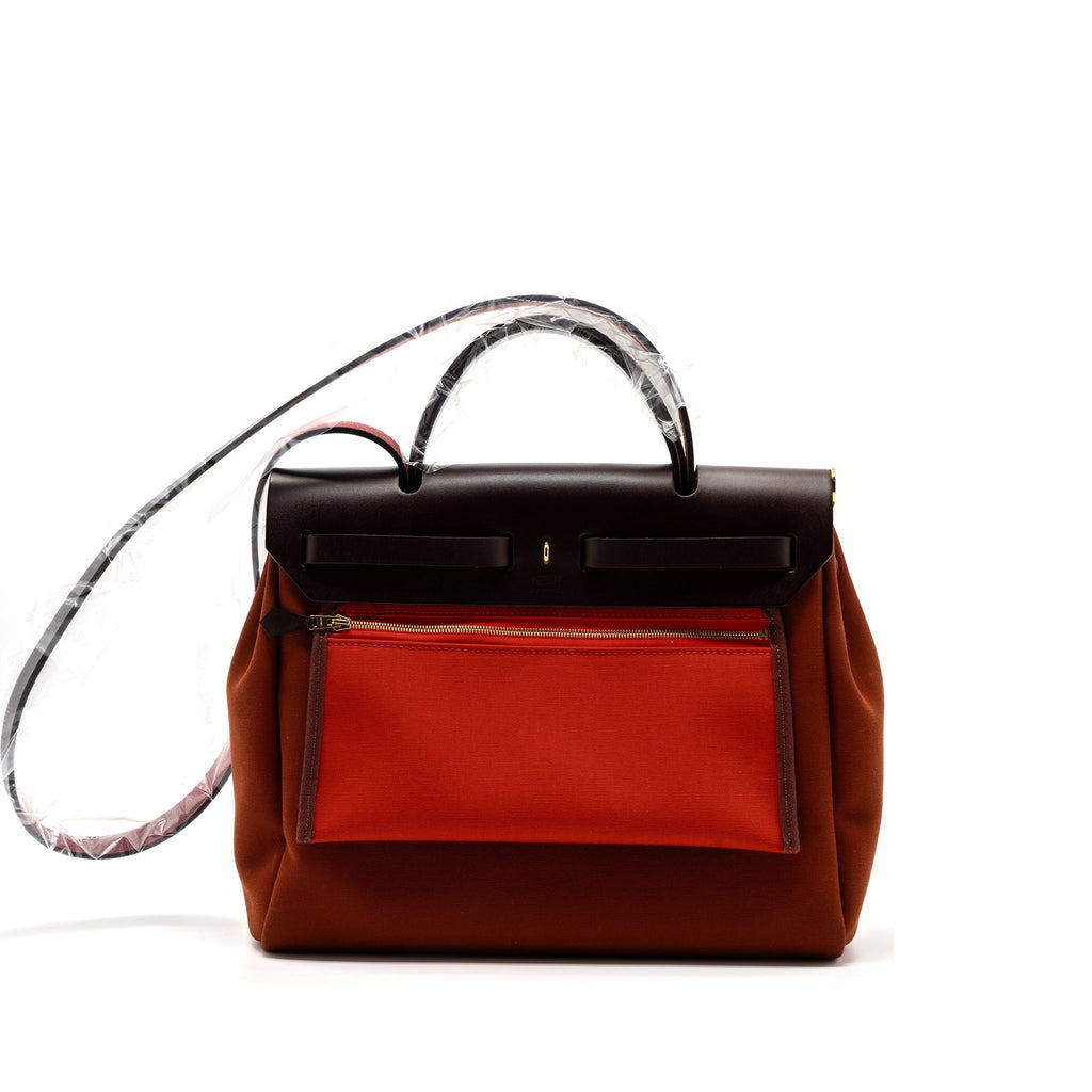 HERMES HERBAG ZIP 31 BAG CANVAS / HUNTER LEATHER CUVIER / ORANGE MECANO/ ROUGE SELLIER GHW
