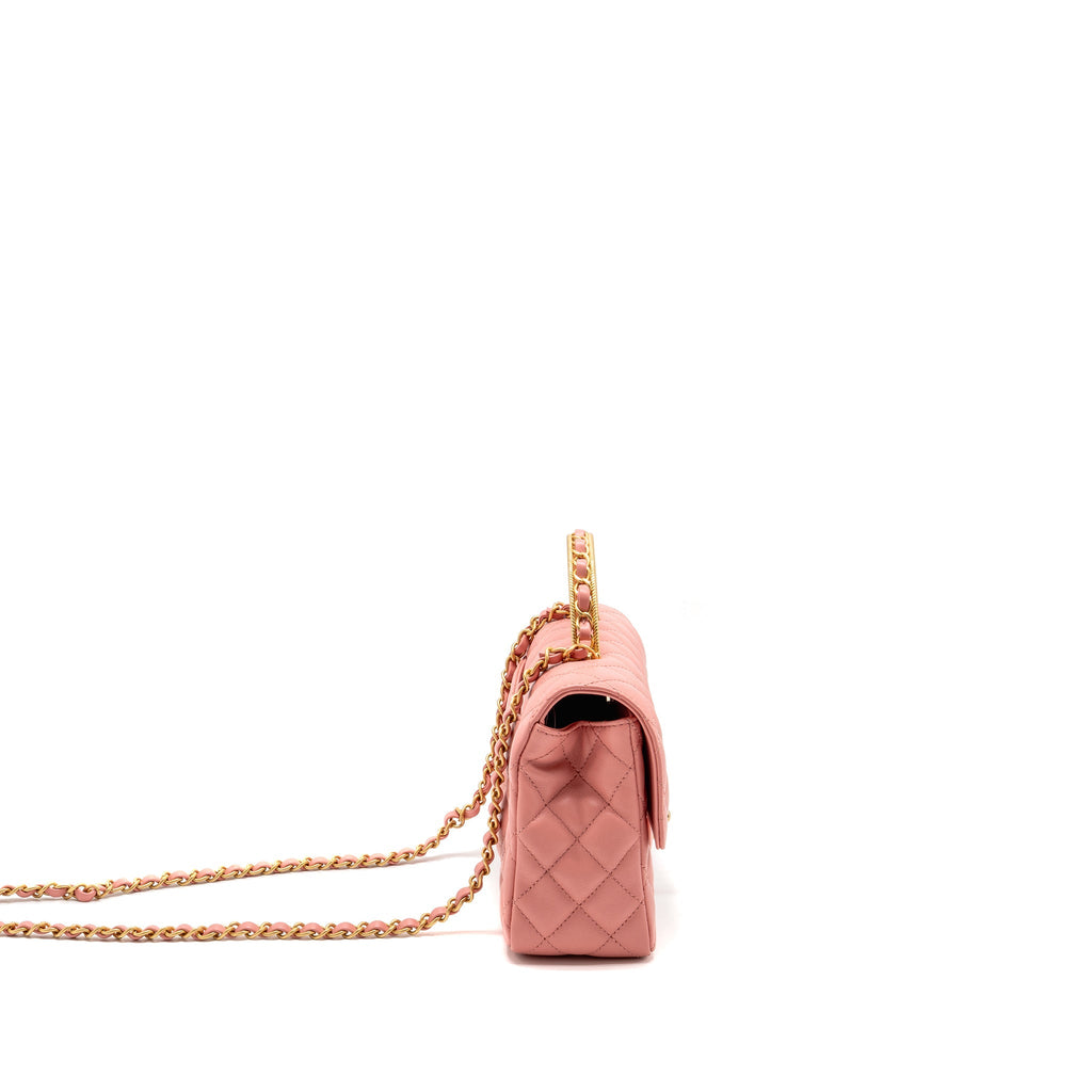 CHANEL 23K DETAIL TOP HANDLE FLAP BAG LAMBSKIN PINK GHW (MICROCHIP)