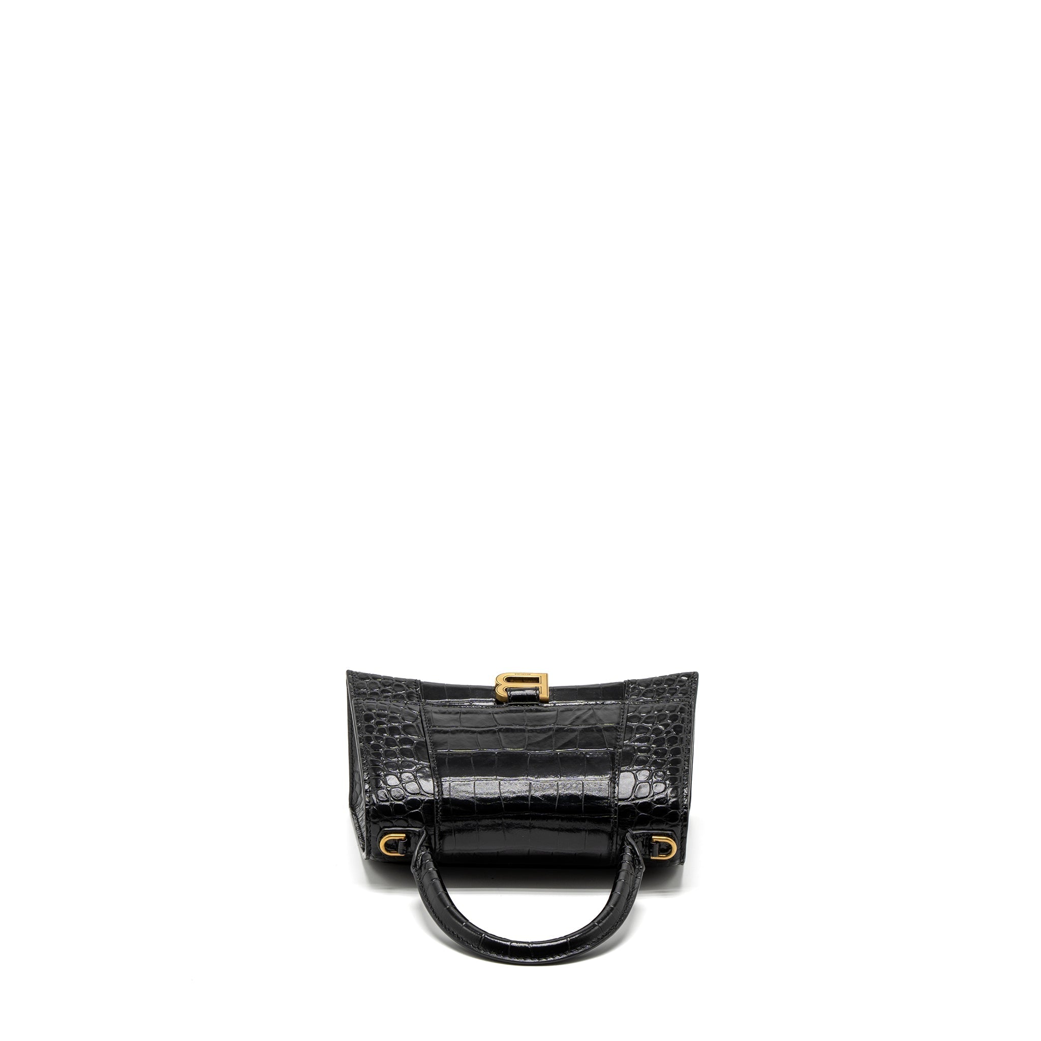 BALENCIAGA SMALL HOURGLASS BAG CROC-EMBOSSED CALFSKIN BLACK GHW