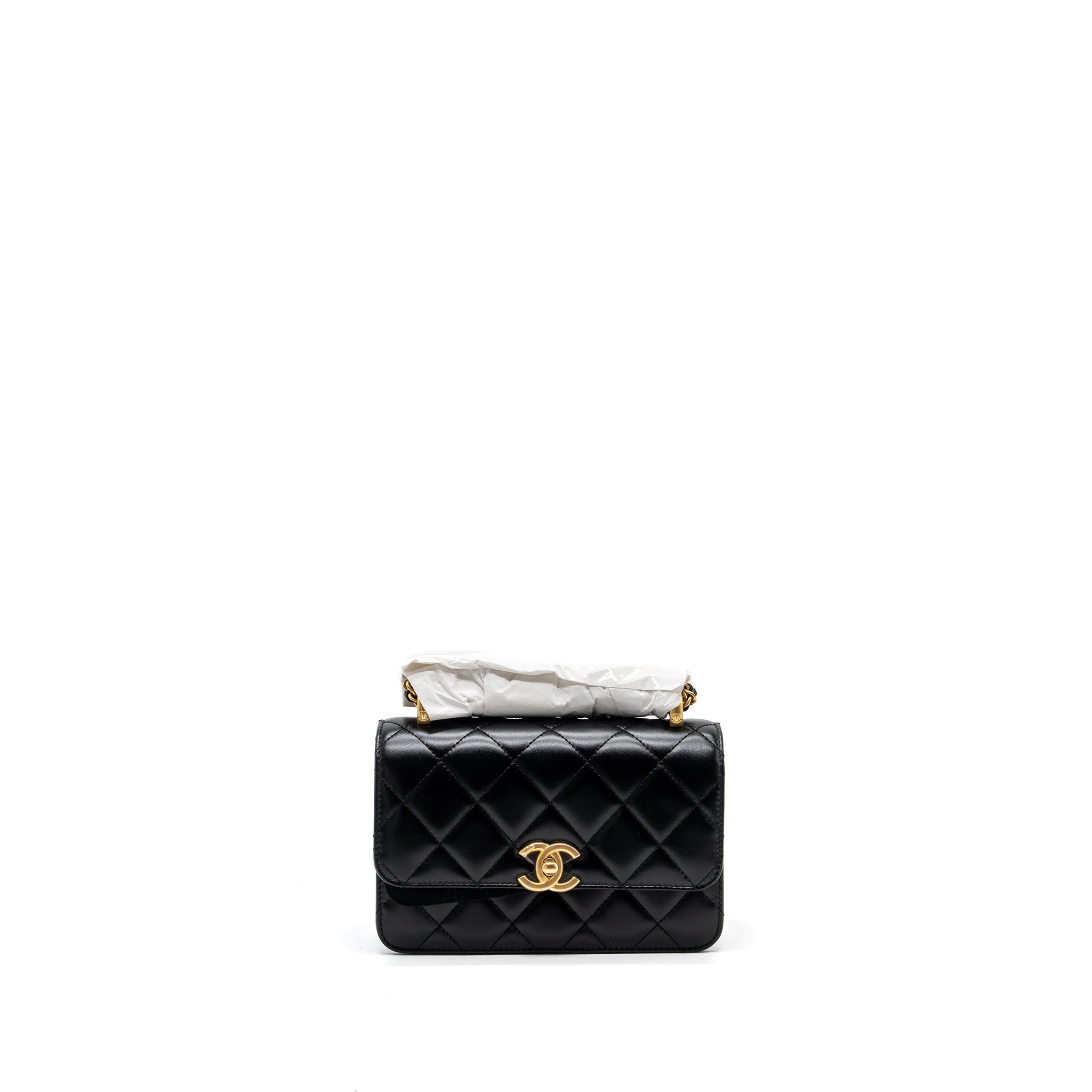 CHANEL 24C GOLD CRUSH MINI FLAP BAG CALFSKIN BLACK GHW (MICROCHIP)