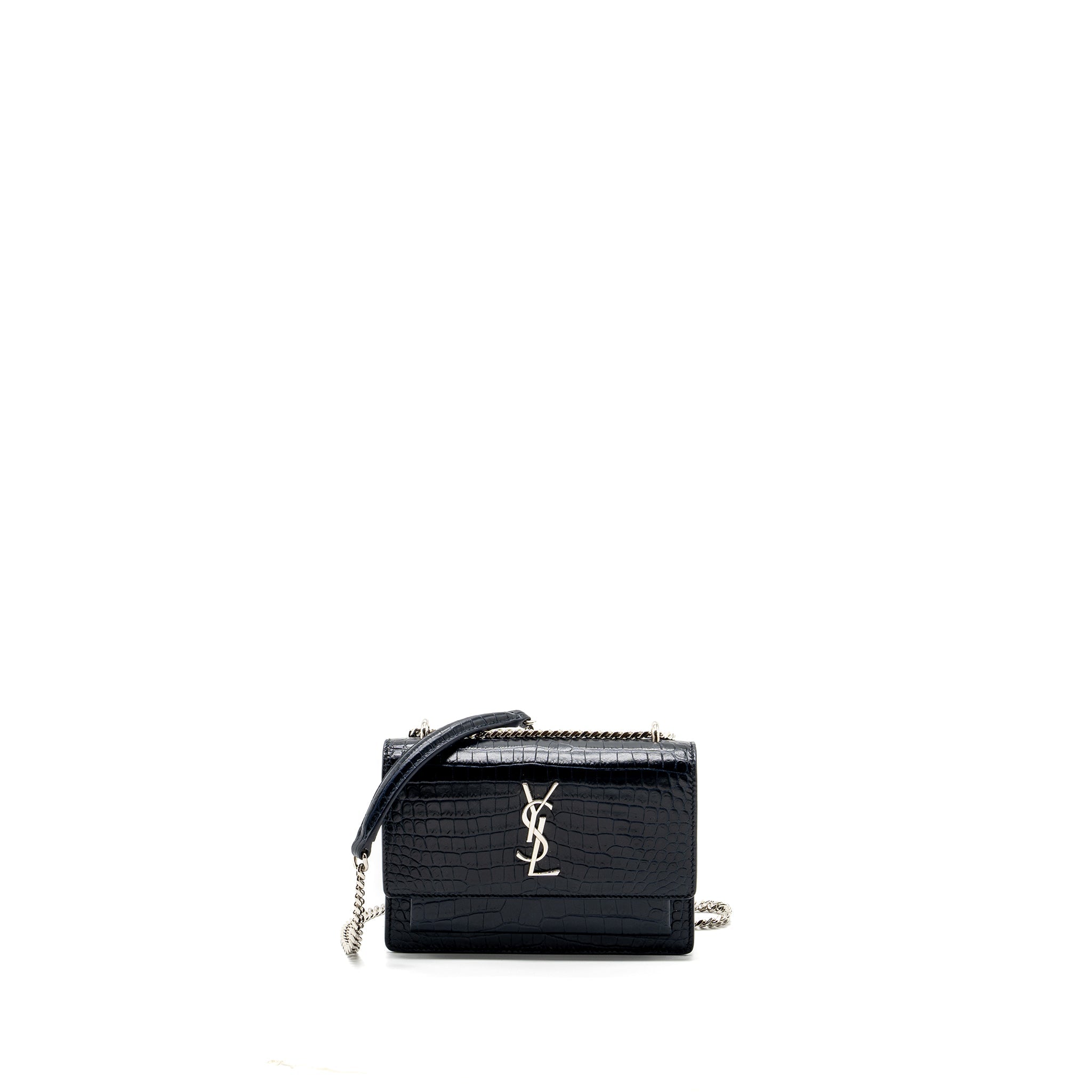 SAINT LAURENT/YSL MINI SUNSET BAG CROCODILE-EMBOSSED CALFSKIN NAVY SHW