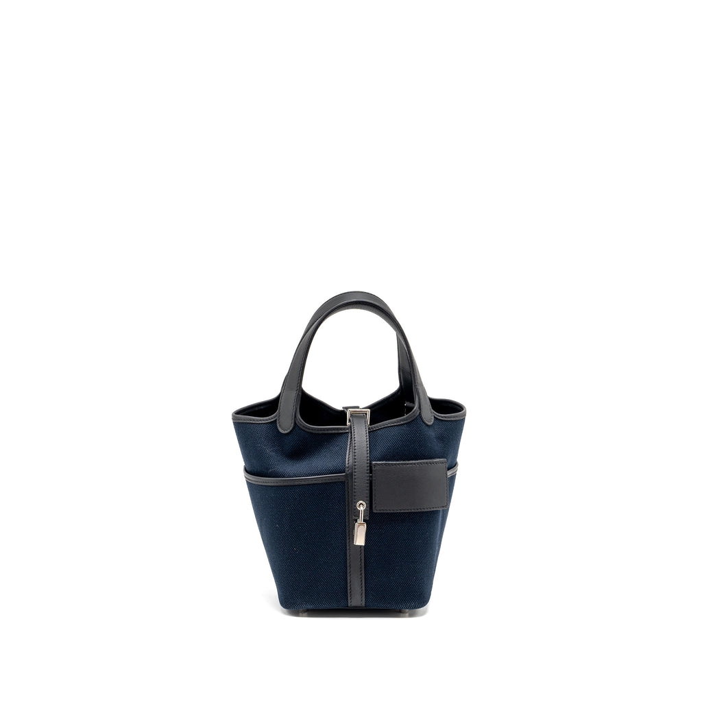 HERMES PICOTIN CARGO 18 LOCK BAG CANVAS/ SWIFT LEATHER BLUE MARINE / BLACK SHW