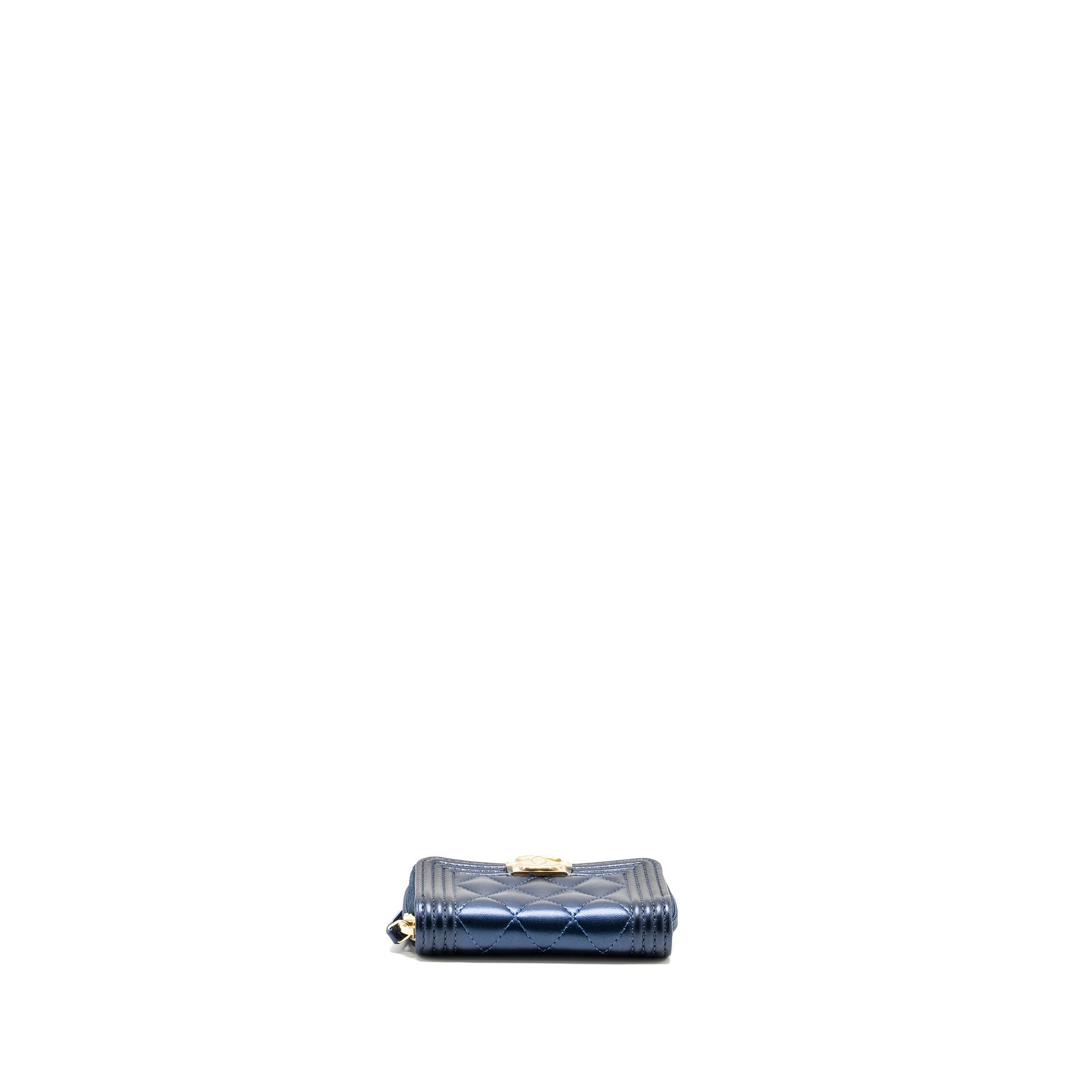CHANEL BOY ZIP CARD HOLDER/COIN PURSE LAMBSKIN METALLIC BLUE GHW