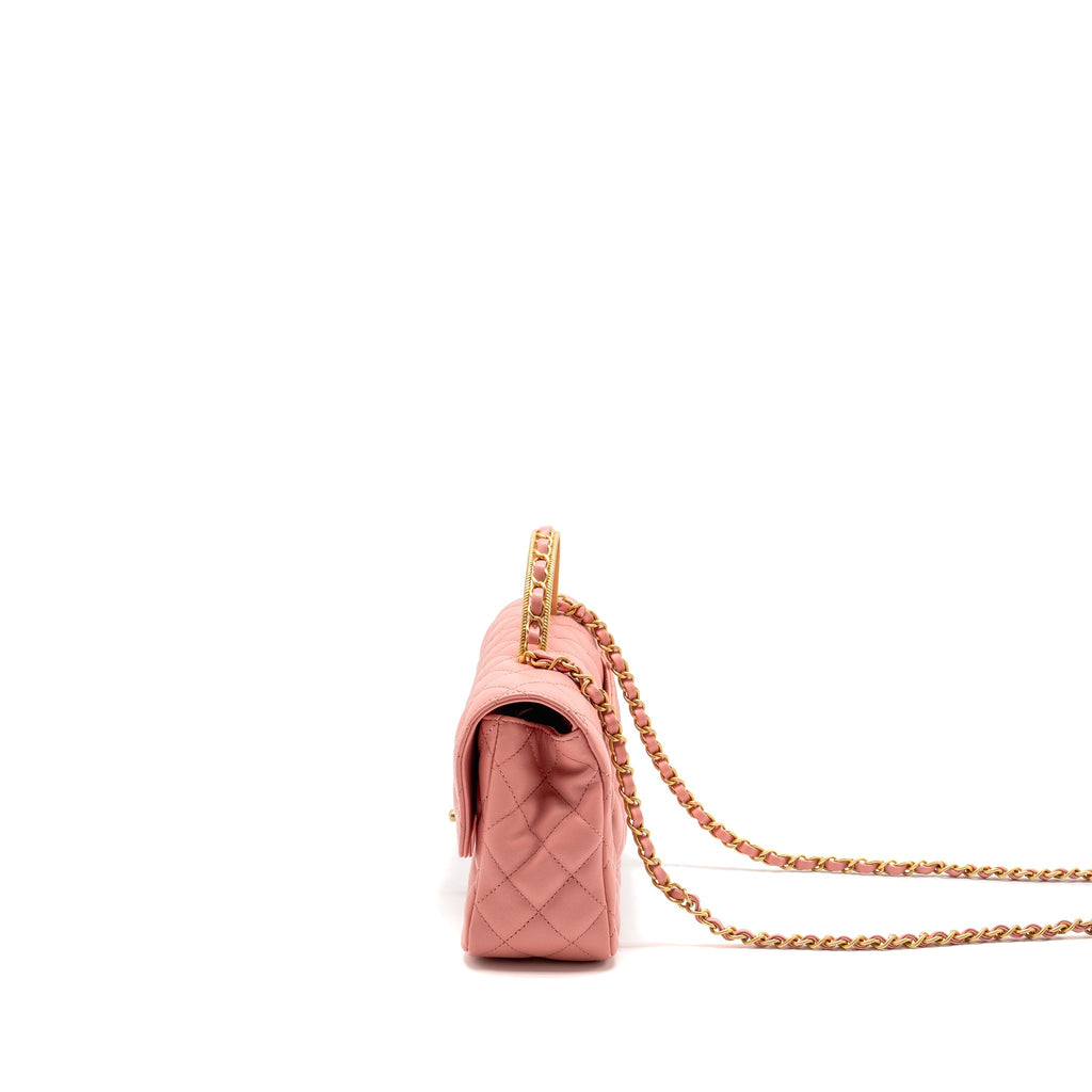 CHANEL 23K DETAIL TOP HANDLE FLAP BAG LAMBSKIN PINK GHW (MICROCHIP)