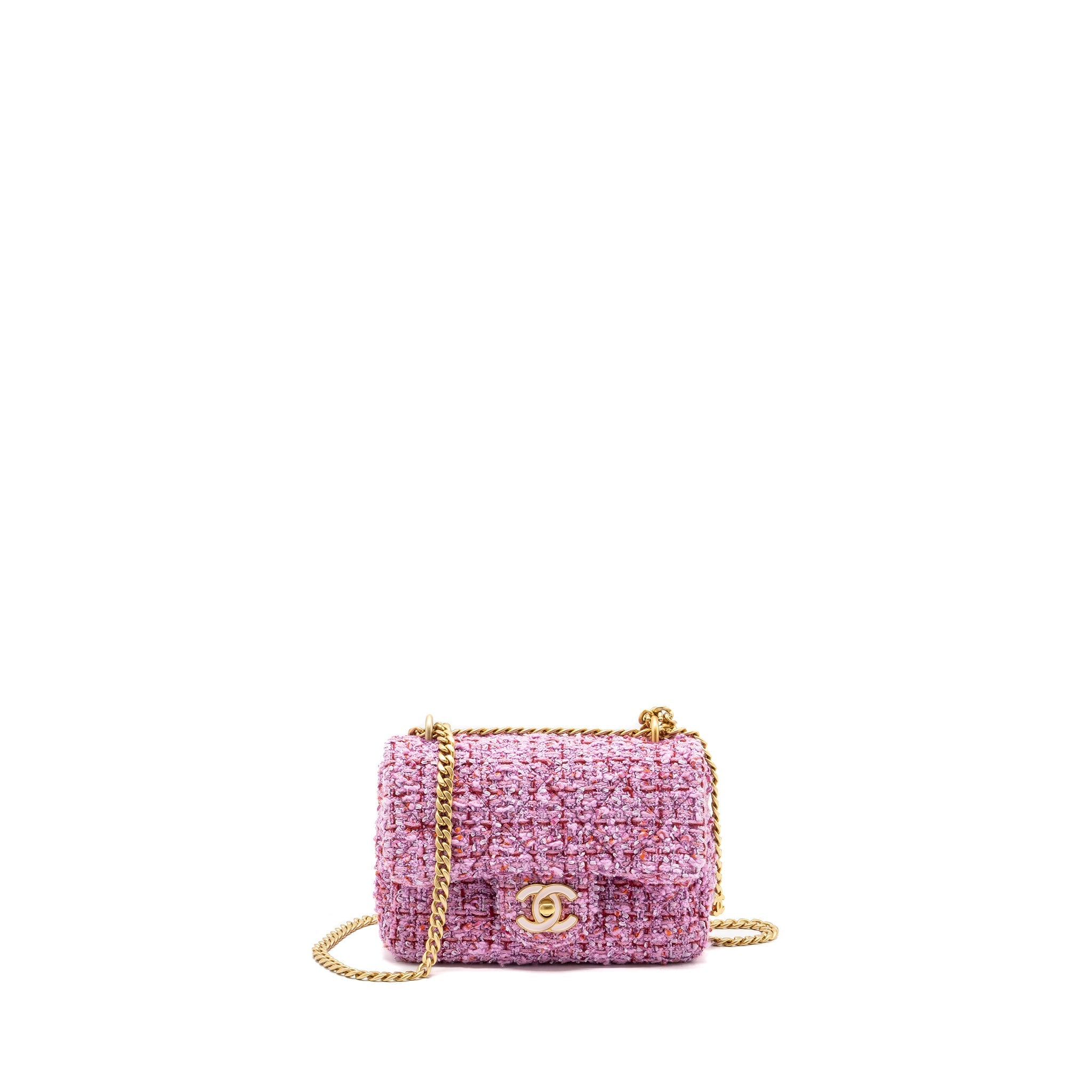 CHANEL 22P MINI SQUARE FLAP BAG TWEED PINK GHW (MICROCHIP)