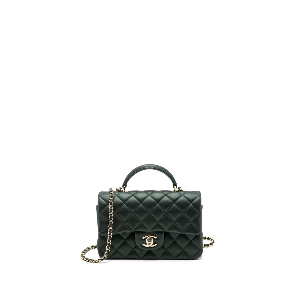 CHANEL TOP HANDLE MINI RECTANGULAR FLAP BAG LAMBSKIN DARK GREEN LGHW (MICROCHIP)