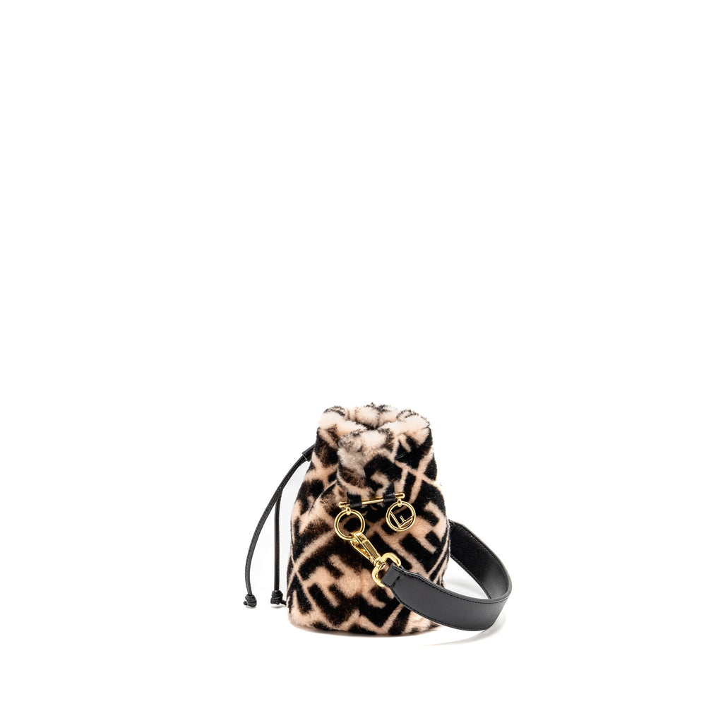 FENDI MON TRESOR BUCKET BAG SHEARLING ZUCCA PINK/BLACK GHW