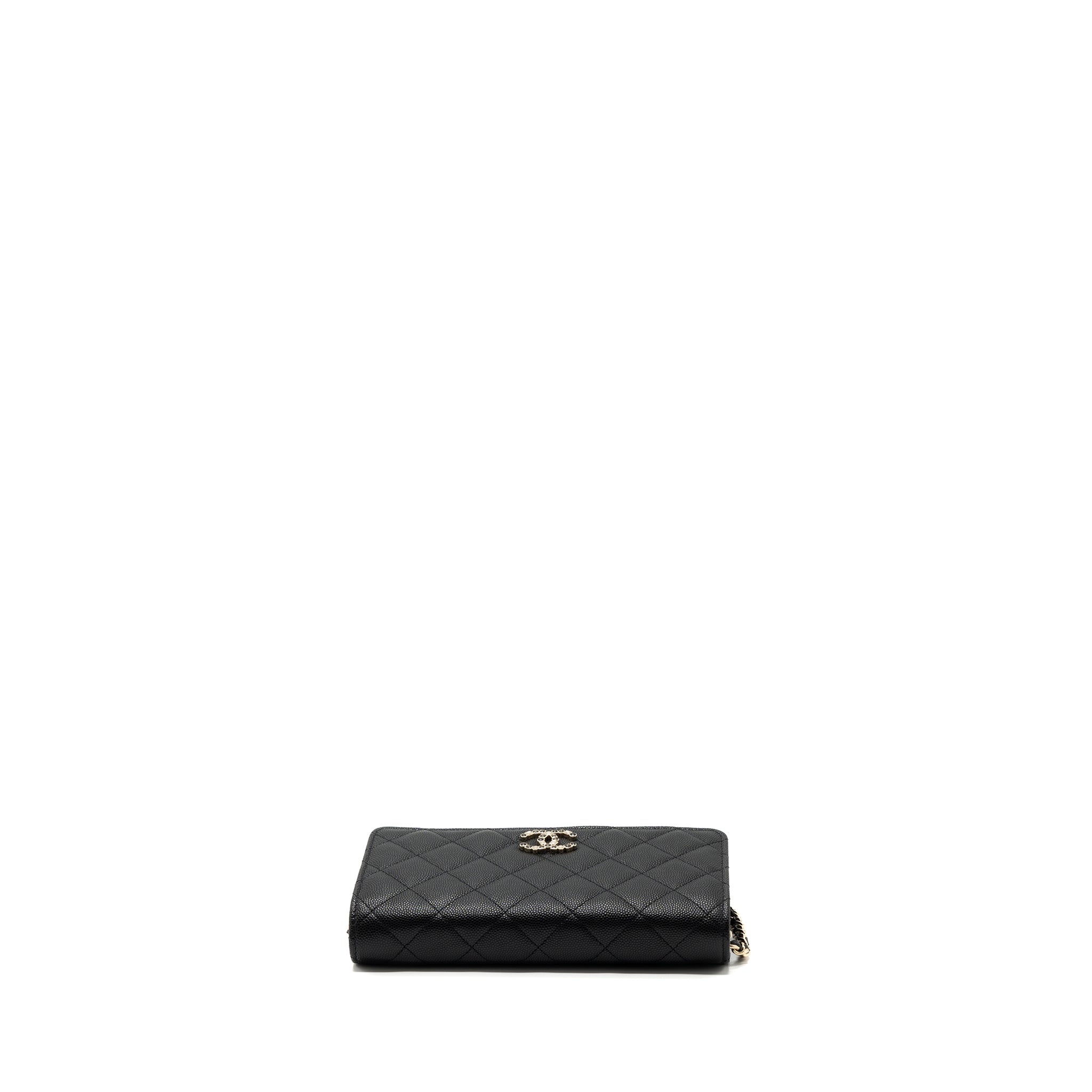 CHANEL 23K DETAILED CC LOGO WALLET ON CHAIN CAVIAR BLACK LGHW (MICROCHIP)