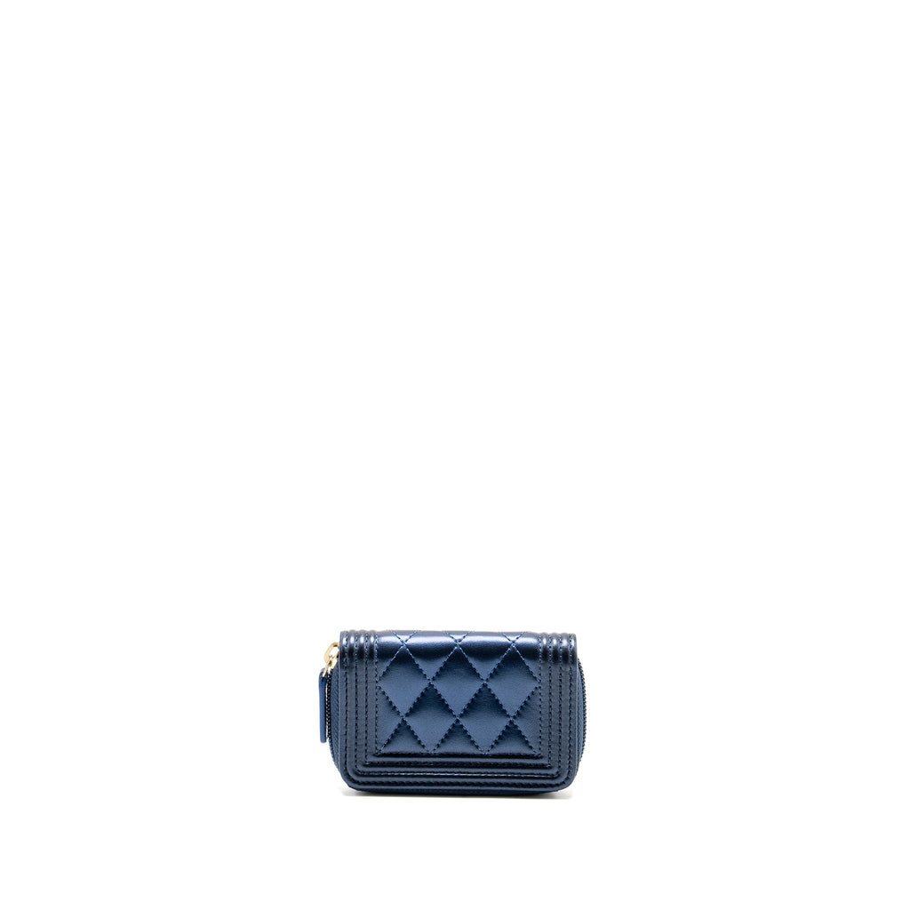 CHANEL BOY ZIP CARD HOLDER/COIN PURSE LAMBSKIN METALLIC BLUE GHW