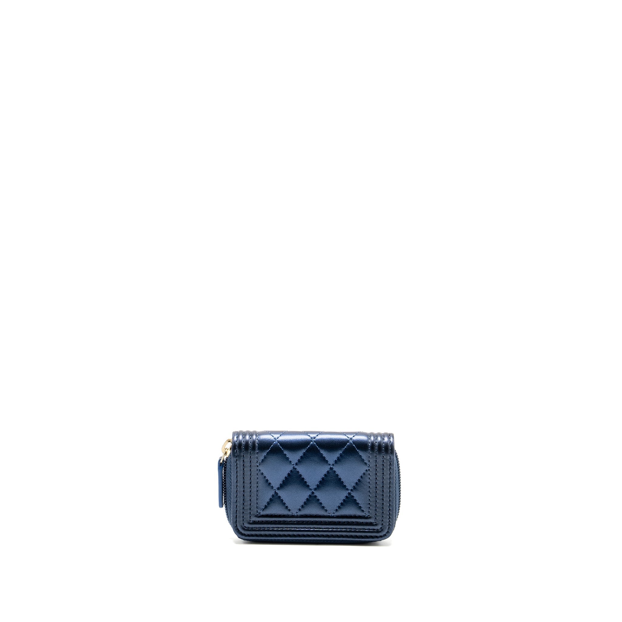 CHANEL BOY ZIP CARD HOLDER/COIN PURSE LAMBSKIN METALLIC BLUE GHW