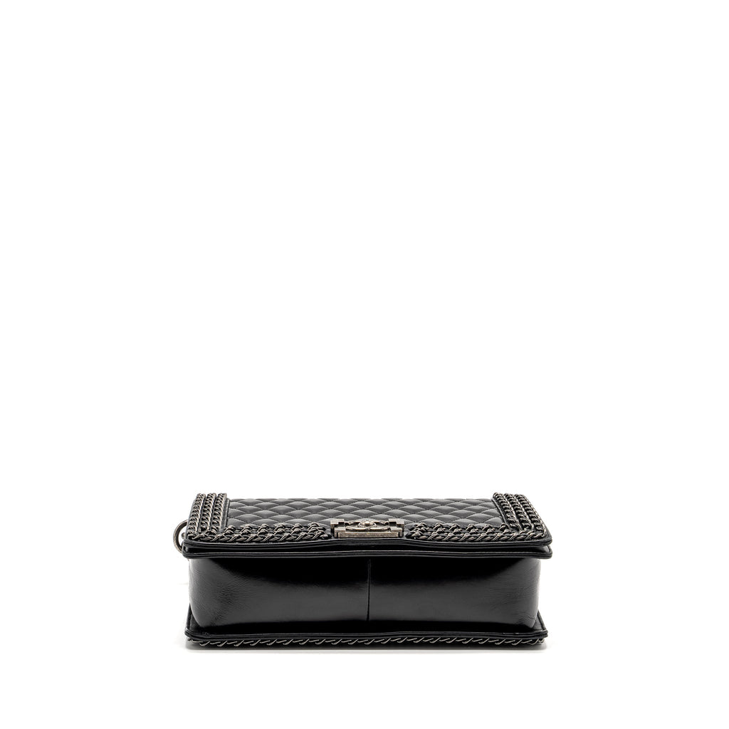 CHANEL NEW MEDIUM CHAIN EDGE BOY BAG CALFSKIN BLACK RUTHENIUM SHW