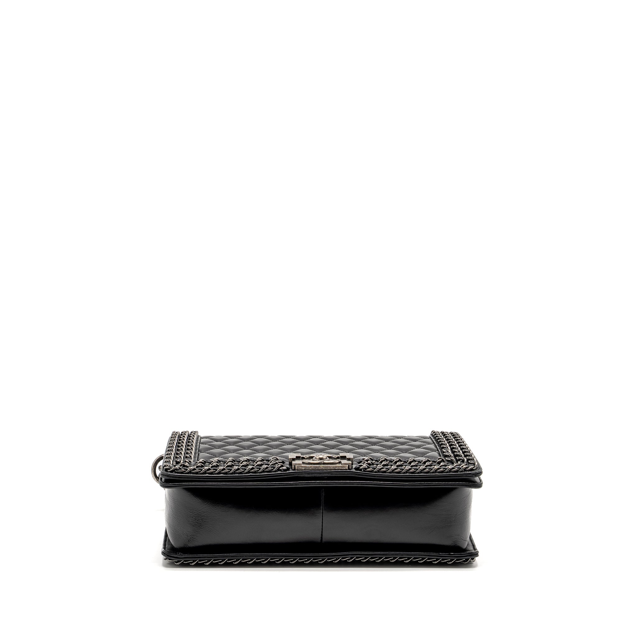 CHANEL NEW MEDIUM CHAIN EDGE BOY BAG CALFSKIN BLACK RUTHENIUM SHW