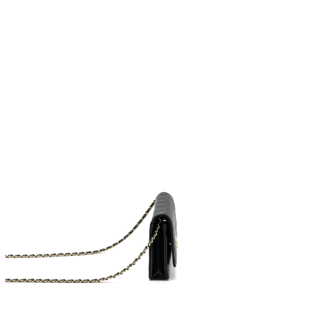 CHANEL 23K DETAILED CC LOGO WALLET ON CHAIN CAVIAR BLACK LGHW (MICROCHIP)
