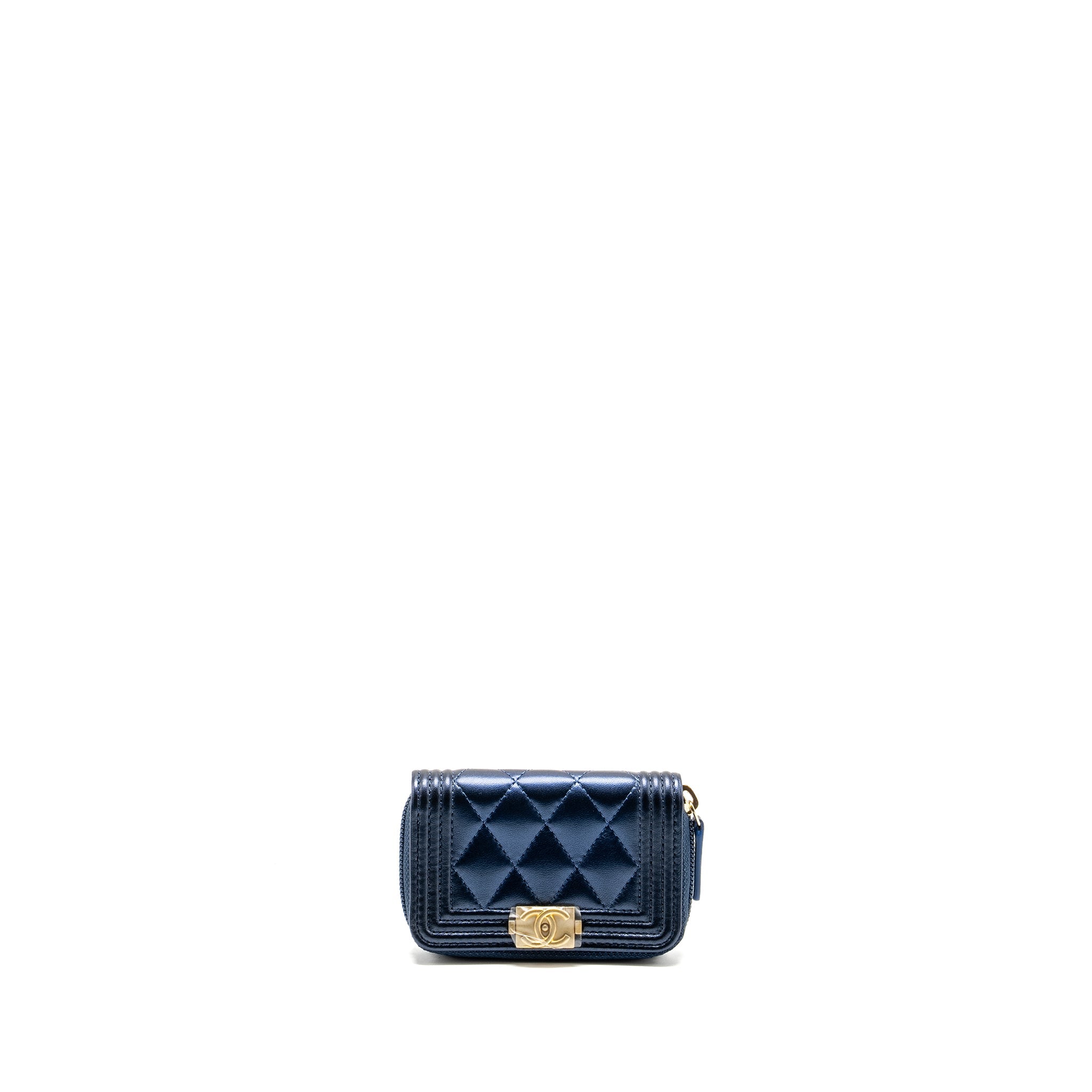 CHANEL BOY ZIP CARD HOLDER/COIN PURSE LAMBSKIN METALLIC BLUE GHW