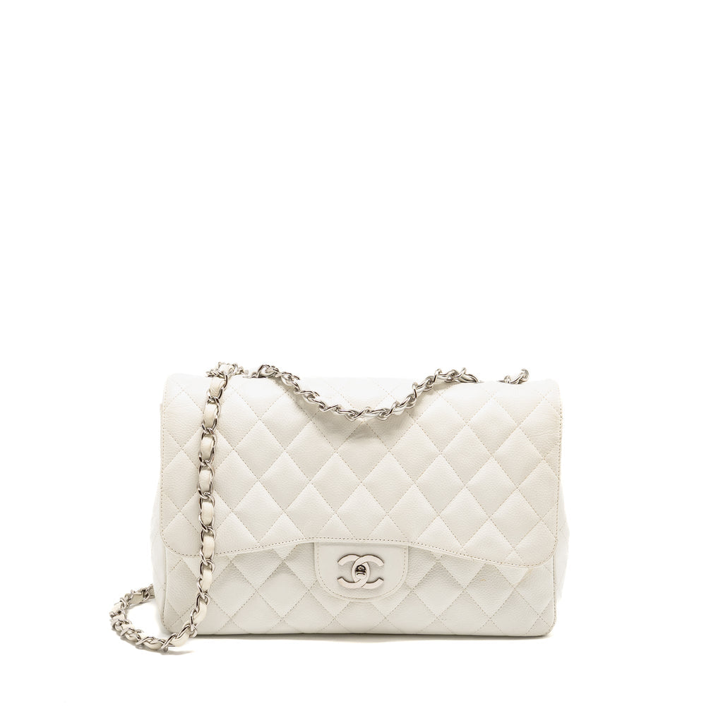CHANEL JUMBO CLASSIC SINGLE FLAP BAG CAVIAR WHITE SHW